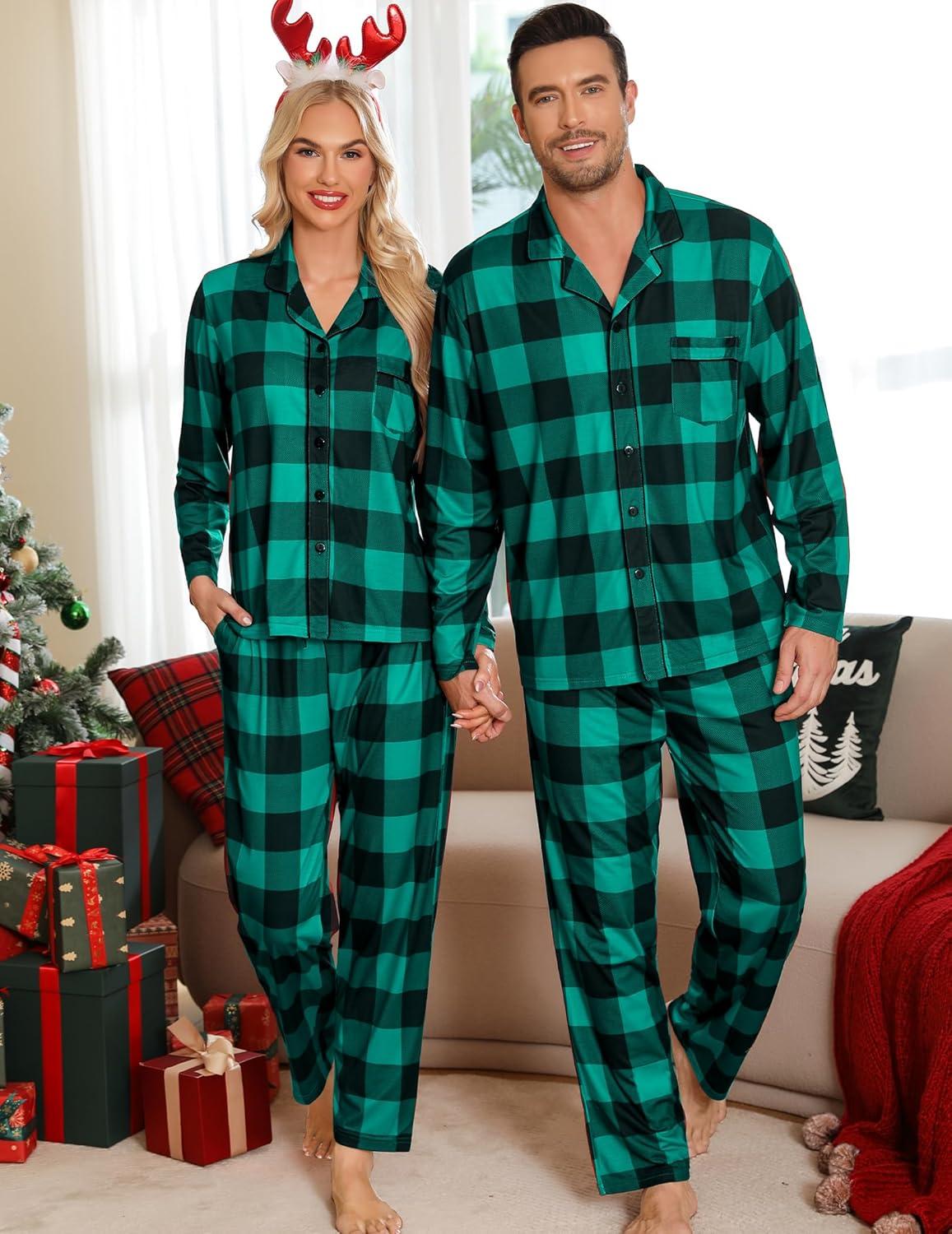 imageSWOMOG Matching Family Pajama Set Long Sleeve Christmas Pajama Button Down Holiday Sleepwear SetGreen Plaid