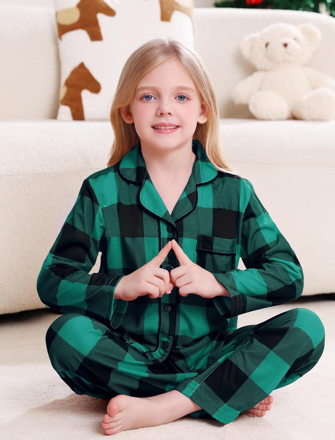 imageSWOMOG Matching Family Pajama Set Long Sleeve Christmas Pajama Button Down Holiday Sleepwear SetGreen Plaid
