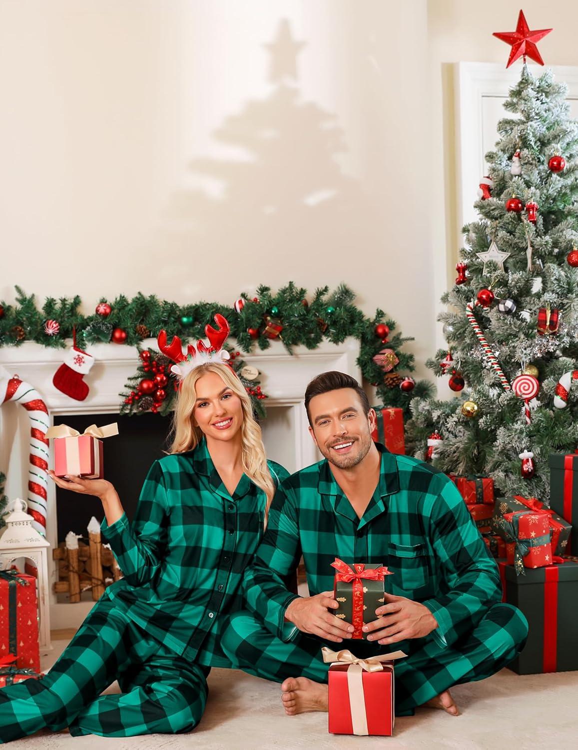 imageSWOMOG Matching Family Pajama Set Long Sleeve Christmas Pajama Button Down Holiday Sleepwear SetGreen Plaid