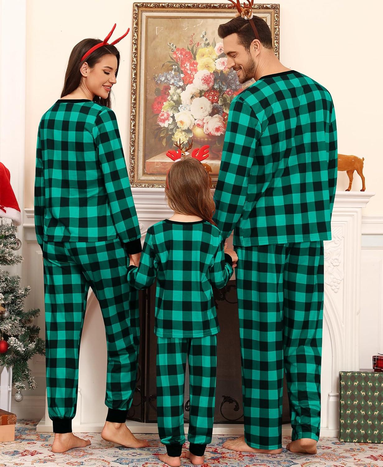 imageSWOMOG Matching Family Pajama Set Long Sleeve Christmas Pajama Button Down Holiday Sleepwear SetGreenplaid