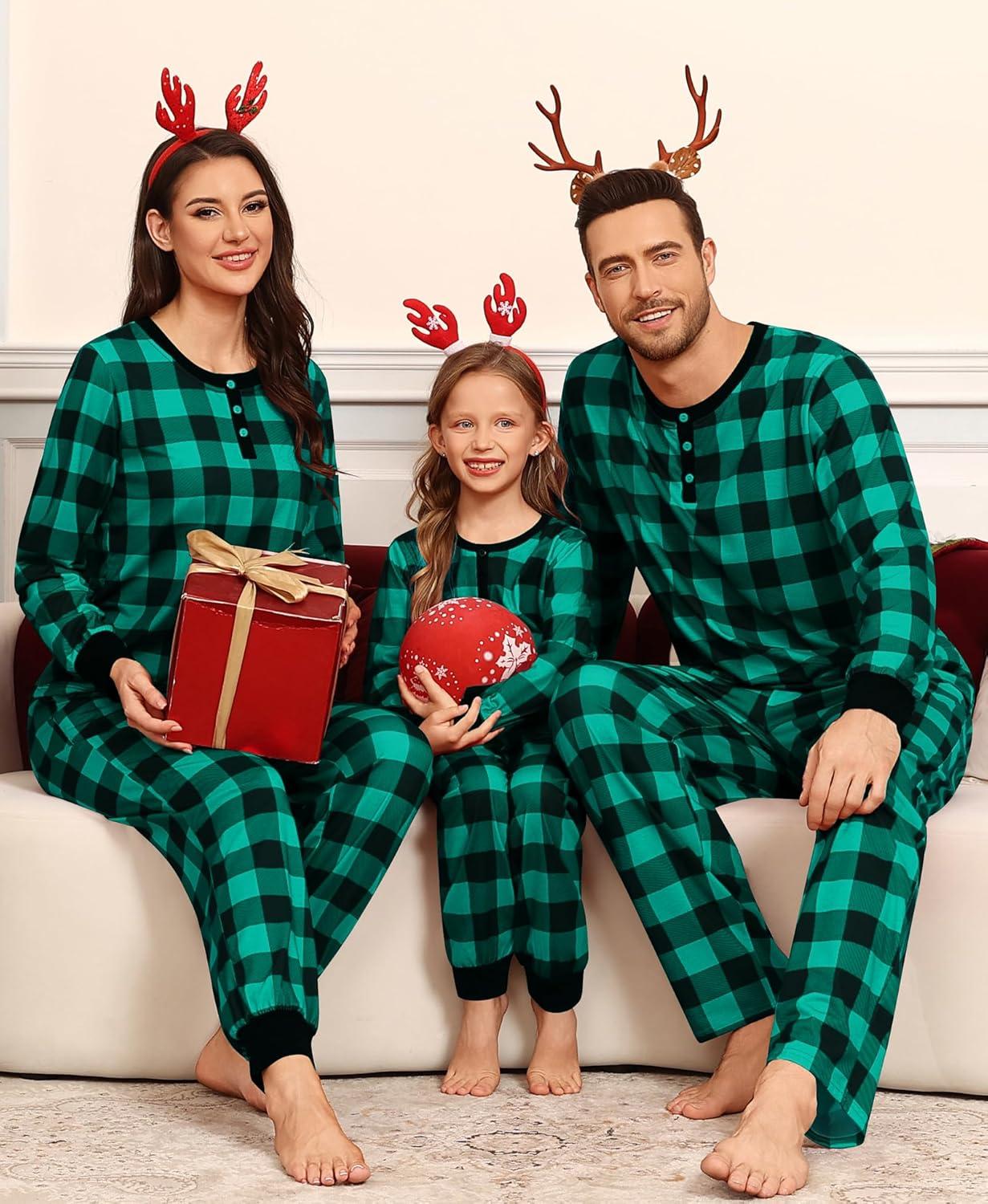 imageSWOMOG Matching Family Pajama Set Long Sleeve Christmas Pajama Button Down Holiday Sleepwear SetGreenplaid