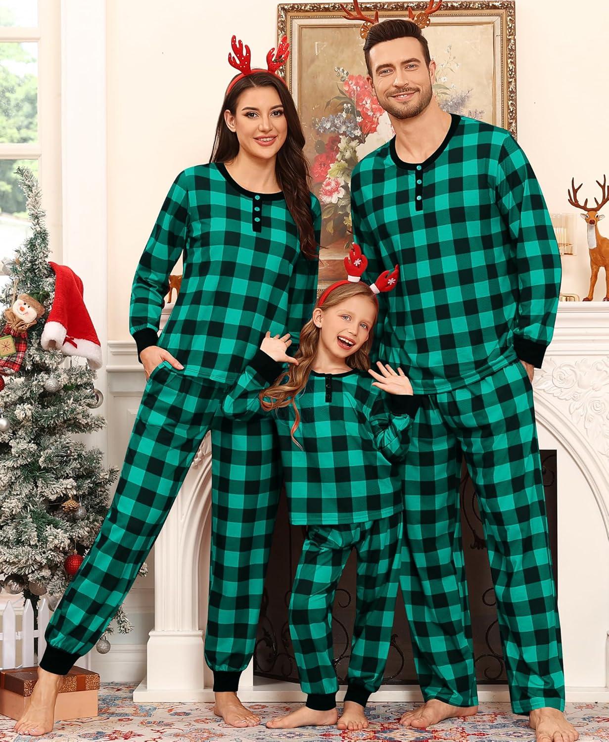 imageSWOMOG Matching Family Pajama Set Long Sleeve Christmas Pajama Button Down Holiday Sleepwear SetGreenplaid