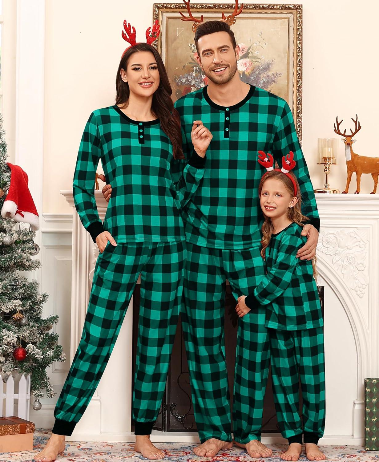 imageSWOMOG Matching Family Pajama Set Long Sleeve Christmas Pajama Button Down Holiday Sleepwear SetGreenplaid