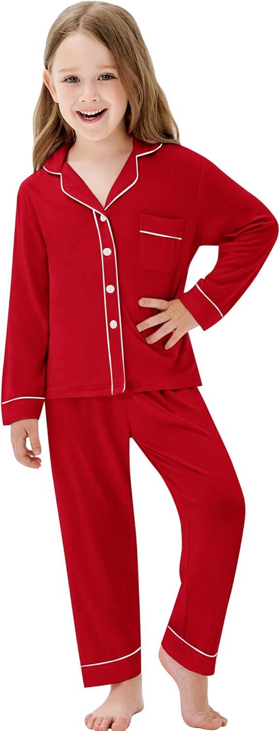 imageSWOMOG Matching Family Pajama Set Long Sleeve Christmas Pajama Button Down Holiday Sleepwear SetRed