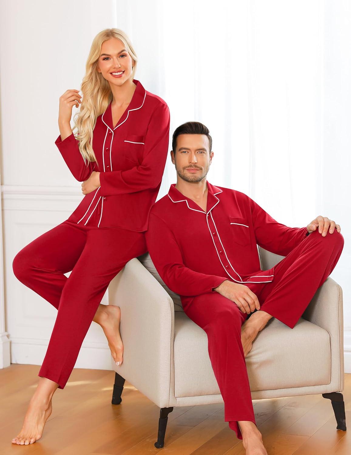 imageSWOMOG Matching Family Pajama Set Long Sleeve Christmas Pajama Button Down Holiday Sleepwear SetRed