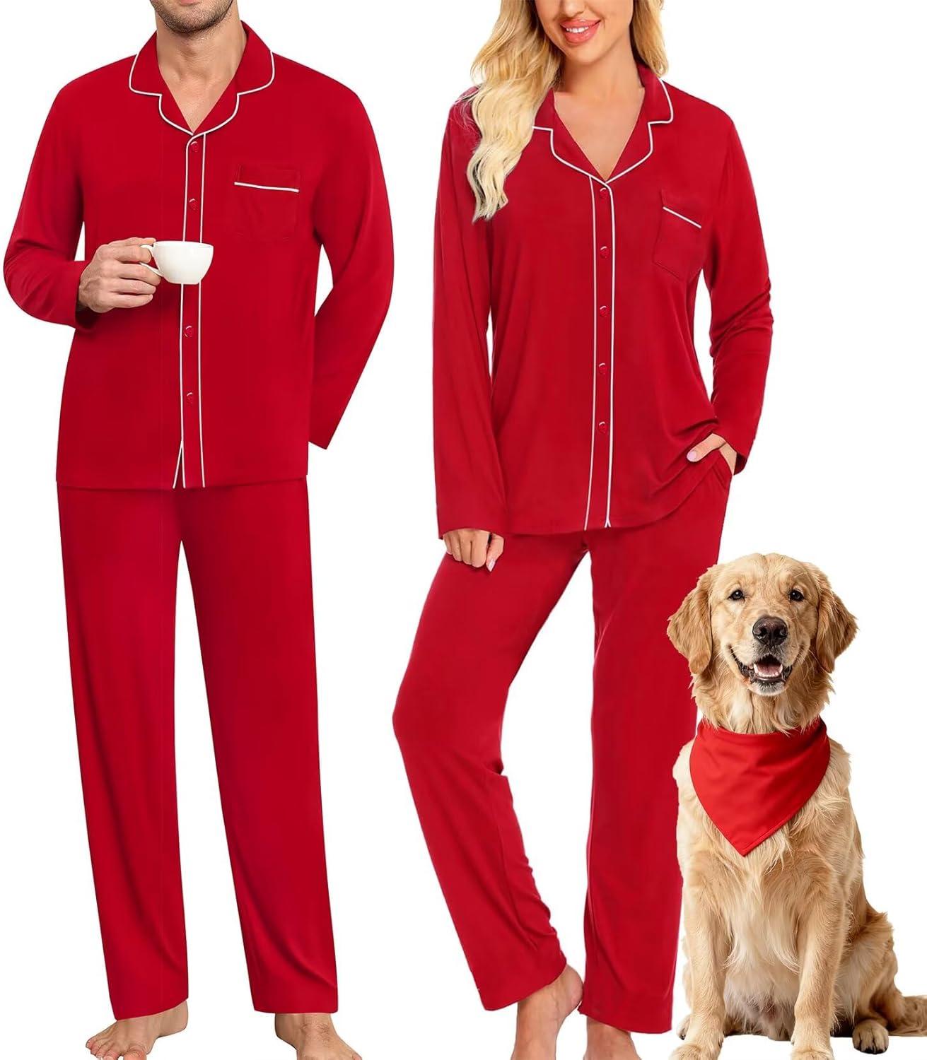 imageSWOMOG Matching Family Pajama Set Long Sleeve Christmas Pajama Button Down Holiday Sleepwear SetRed