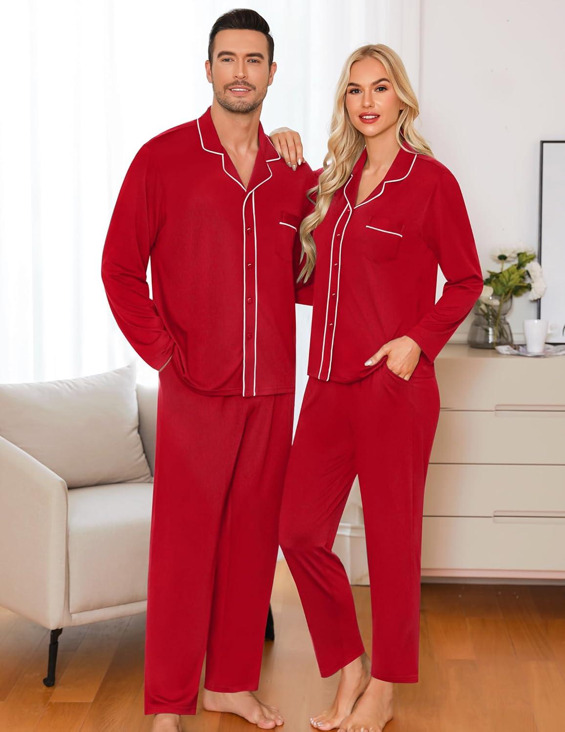 imageSWOMOG Matching Family Pajama Set Long Sleeve Christmas Pajama Button Down Holiday Sleepwear SetRed