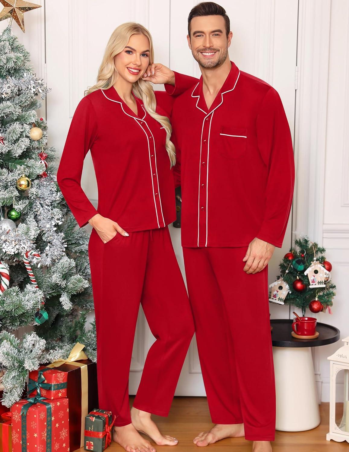 imageSWOMOG Matching Family Pajama Set Long Sleeve Christmas Pajama Button Down Holiday Sleepwear SetRed