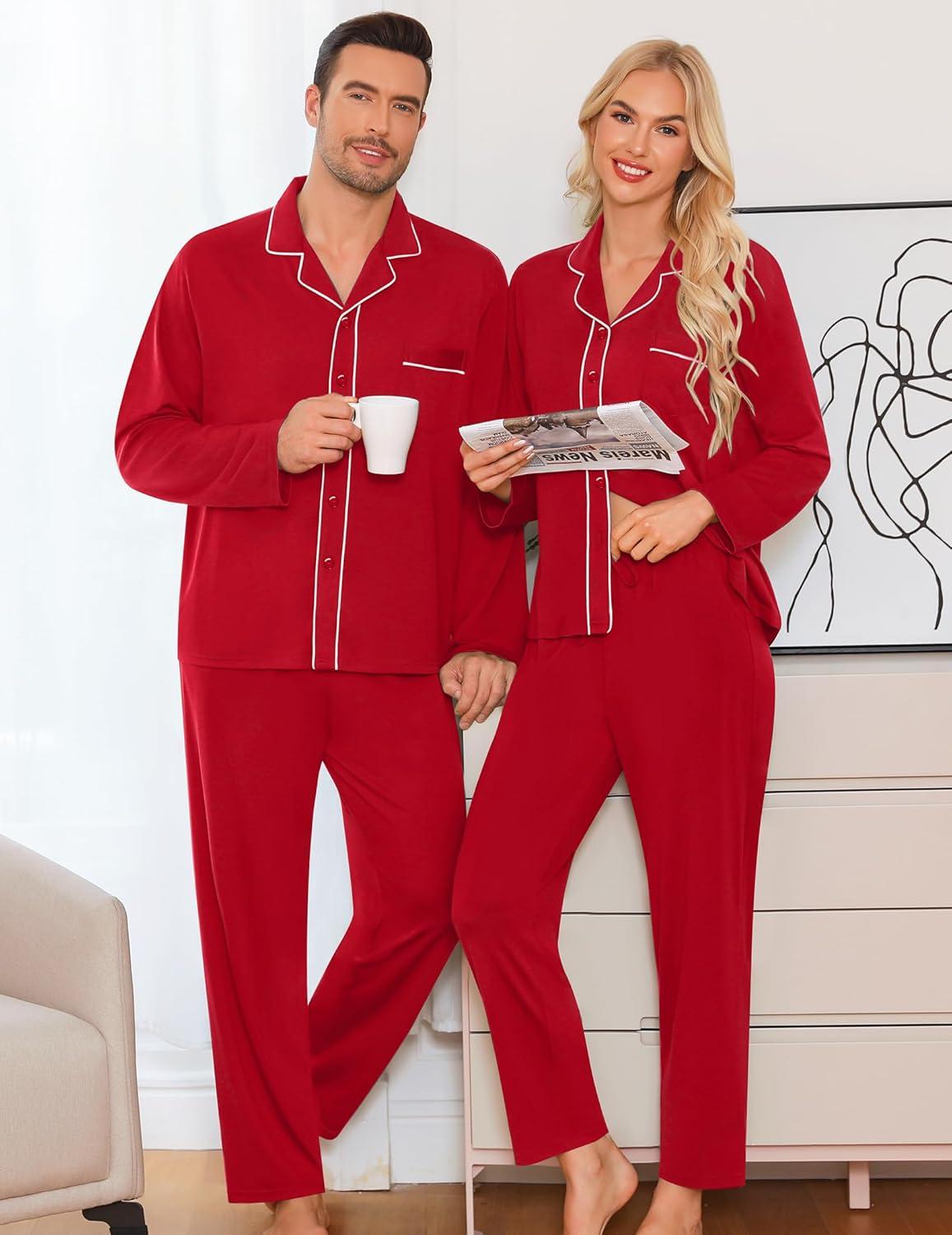 imageSWOMOG Matching Family Pajama Set Long Sleeve Christmas Pajama Button Down Holiday Sleepwear SetRed
