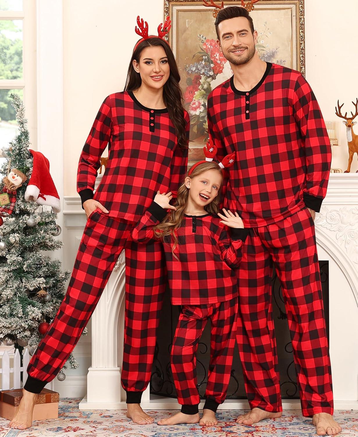 imageSWOMOG Matching Family Pajama Set Long Sleeve Christmas Pajama Button Down Holiday Sleepwear SetRedplaid