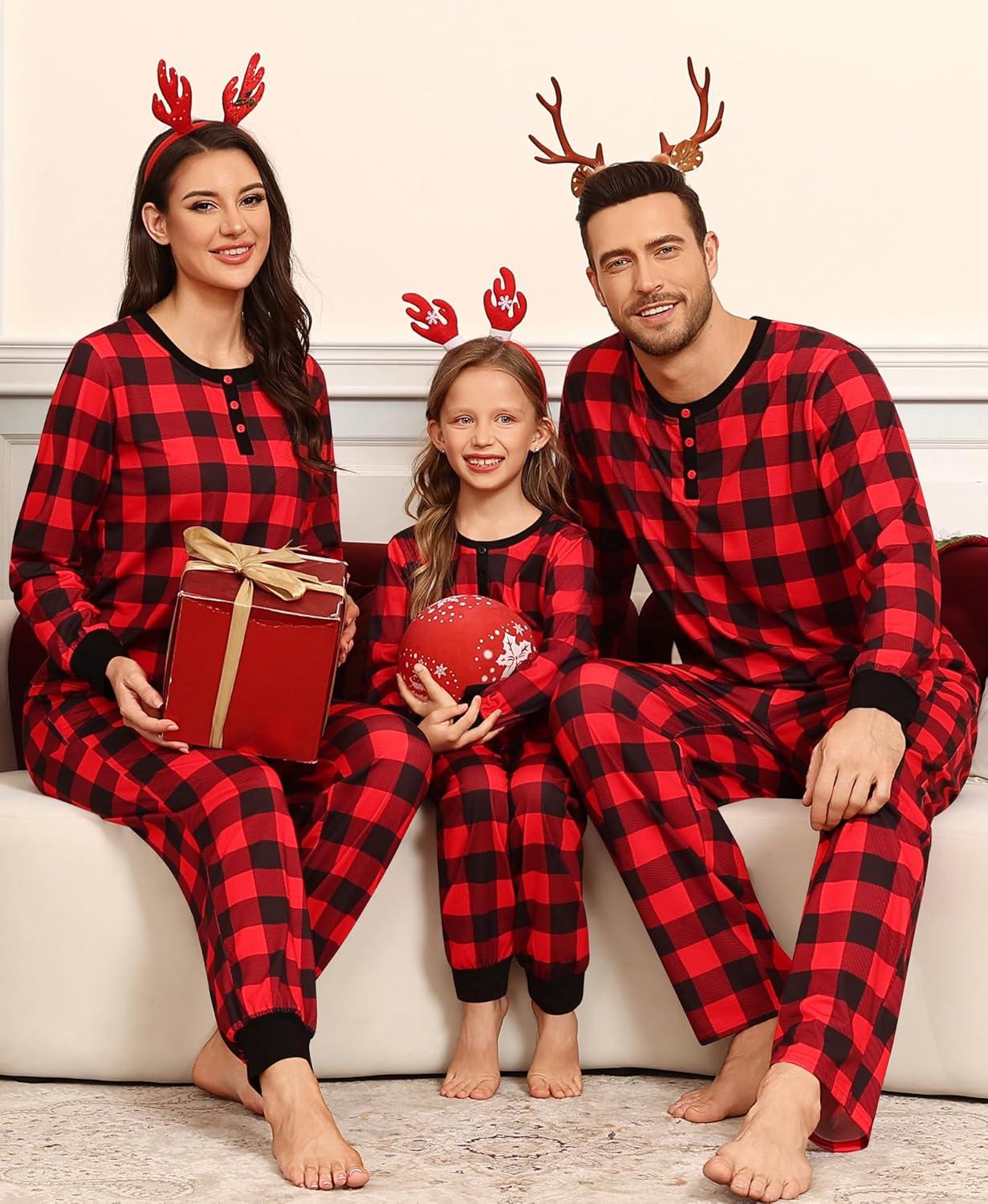 imageSWOMOG Matching Family Pajama Set Long Sleeve Christmas Pajama Button Down Holiday Sleepwear SetRedplaid