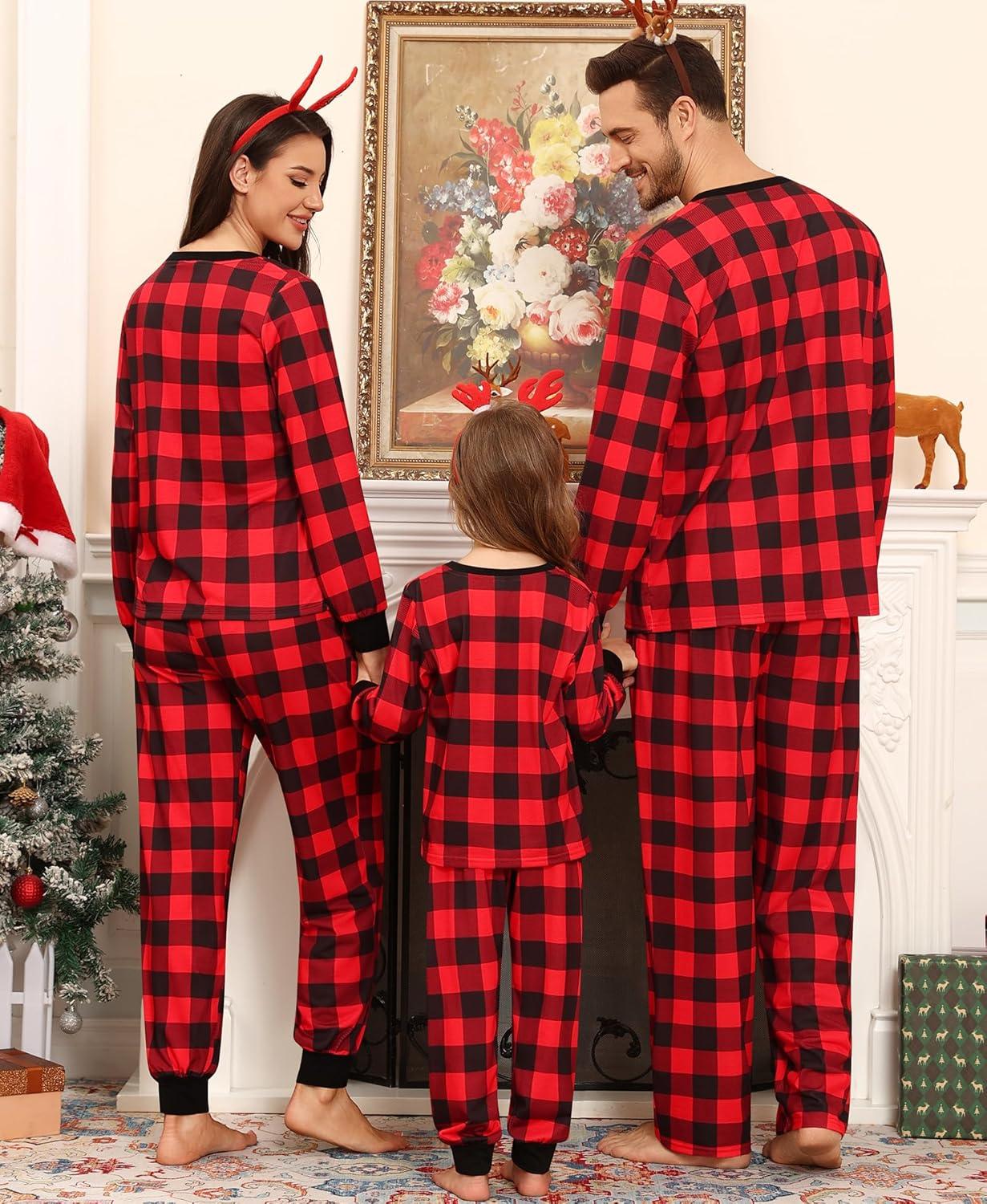 imageSWOMOG Matching Family Pajama Set Long Sleeve Christmas Pajama Button Down Holiday Sleepwear SetRedplaid