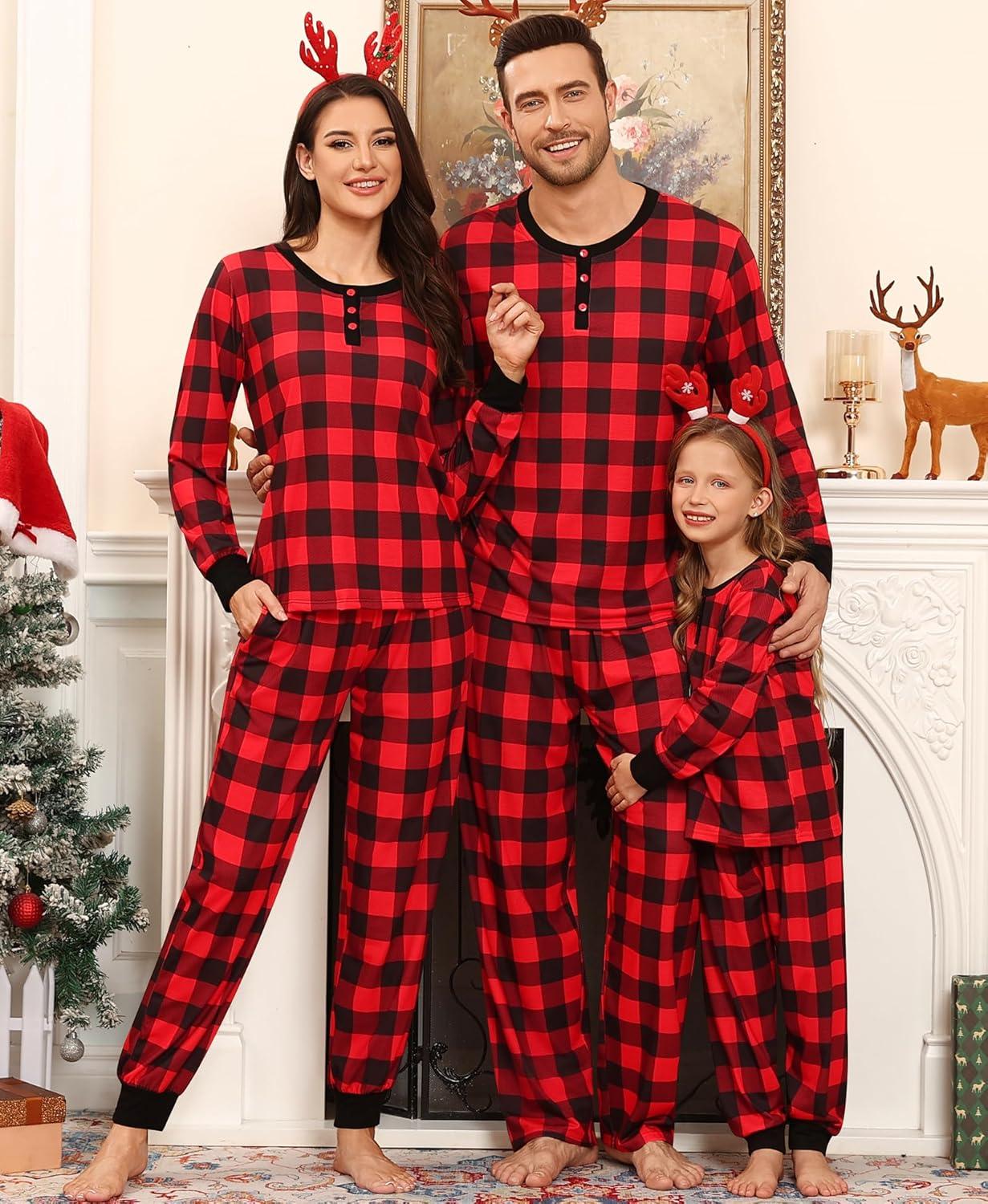 imageSWOMOG Matching Family Pajama Set Long Sleeve Christmas Pajama Button Down Holiday Sleepwear SetRedplaid