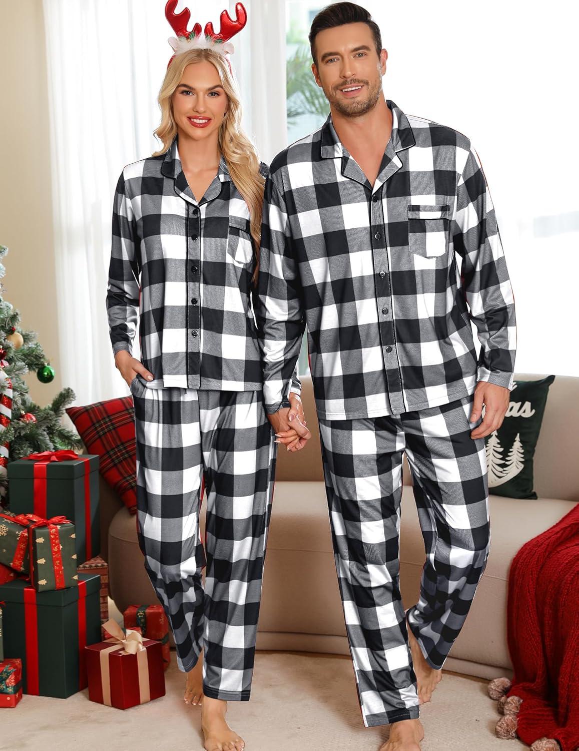 imageSWOMOG Matching Family Pajama Set Long Sleeve Christmas Pajama Button Down Holiday Sleepwear SetWhite Plaid