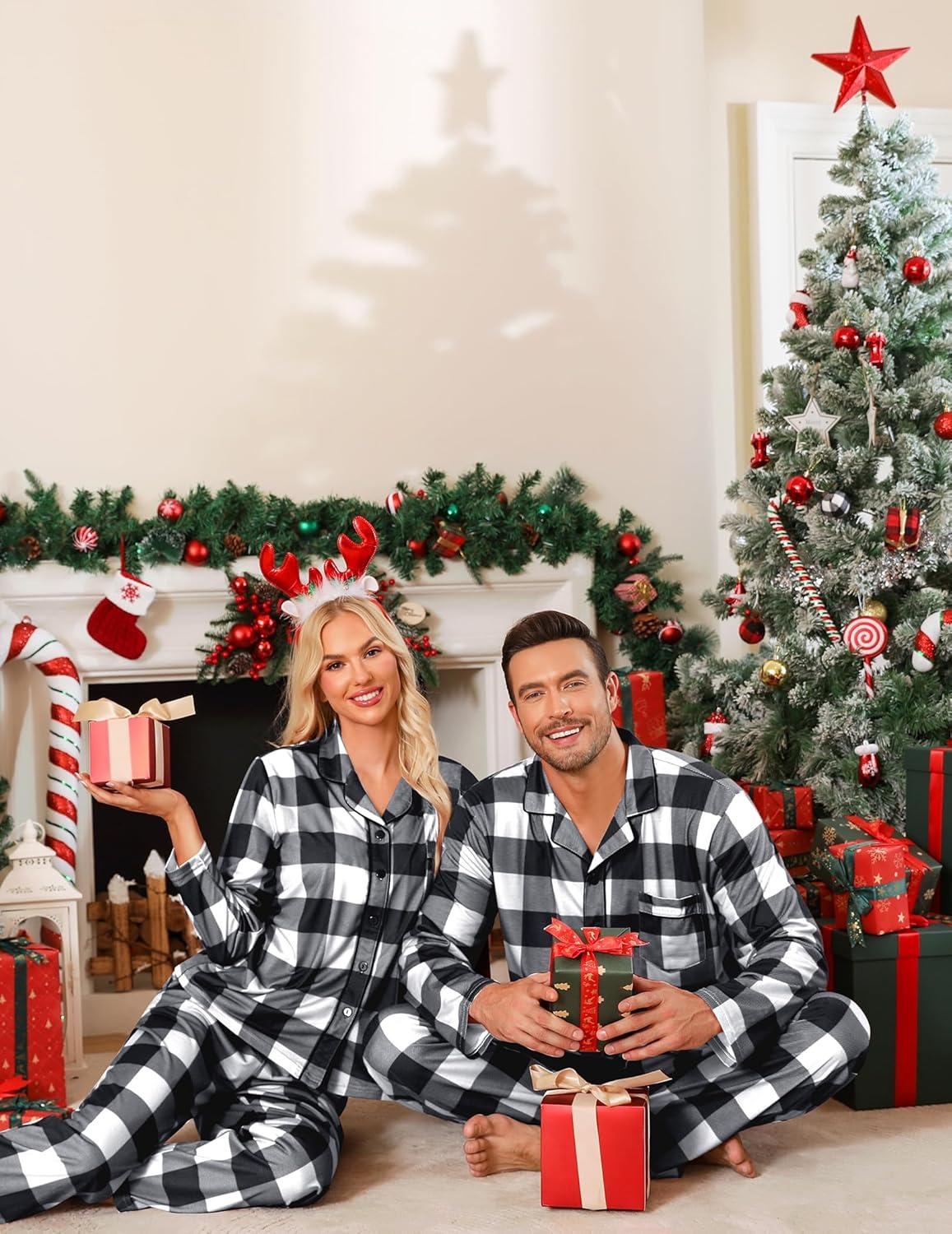 imageSWOMOG Matching Family Pajama Set Long Sleeve Christmas Pajama Button Down Holiday Sleepwear SetWhite Plaid