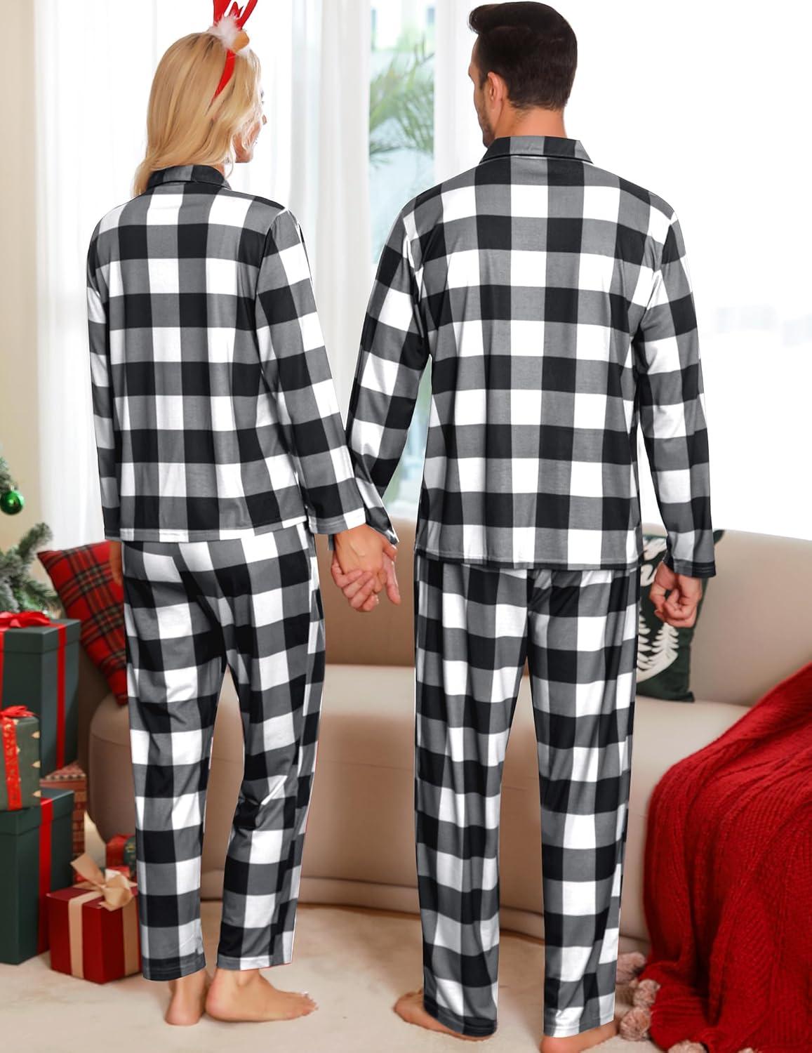 imageSWOMOG Matching Family Pajama Set Long Sleeve Christmas Pajama Button Down Holiday Sleepwear SetWhite Plaid
