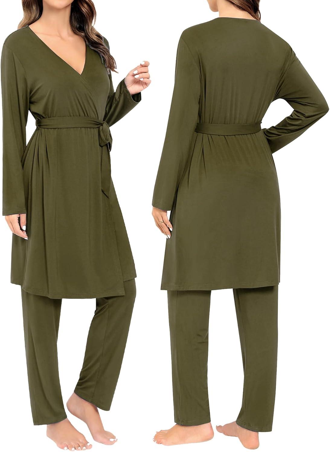 imageSWOMOG Maternity Nursing Robe Set 3 Piece Breastfeeding Pajamas 3 in 1 Labor Delivery Sleevless TopsampLong Pants Pregnancy PjsArmy Green