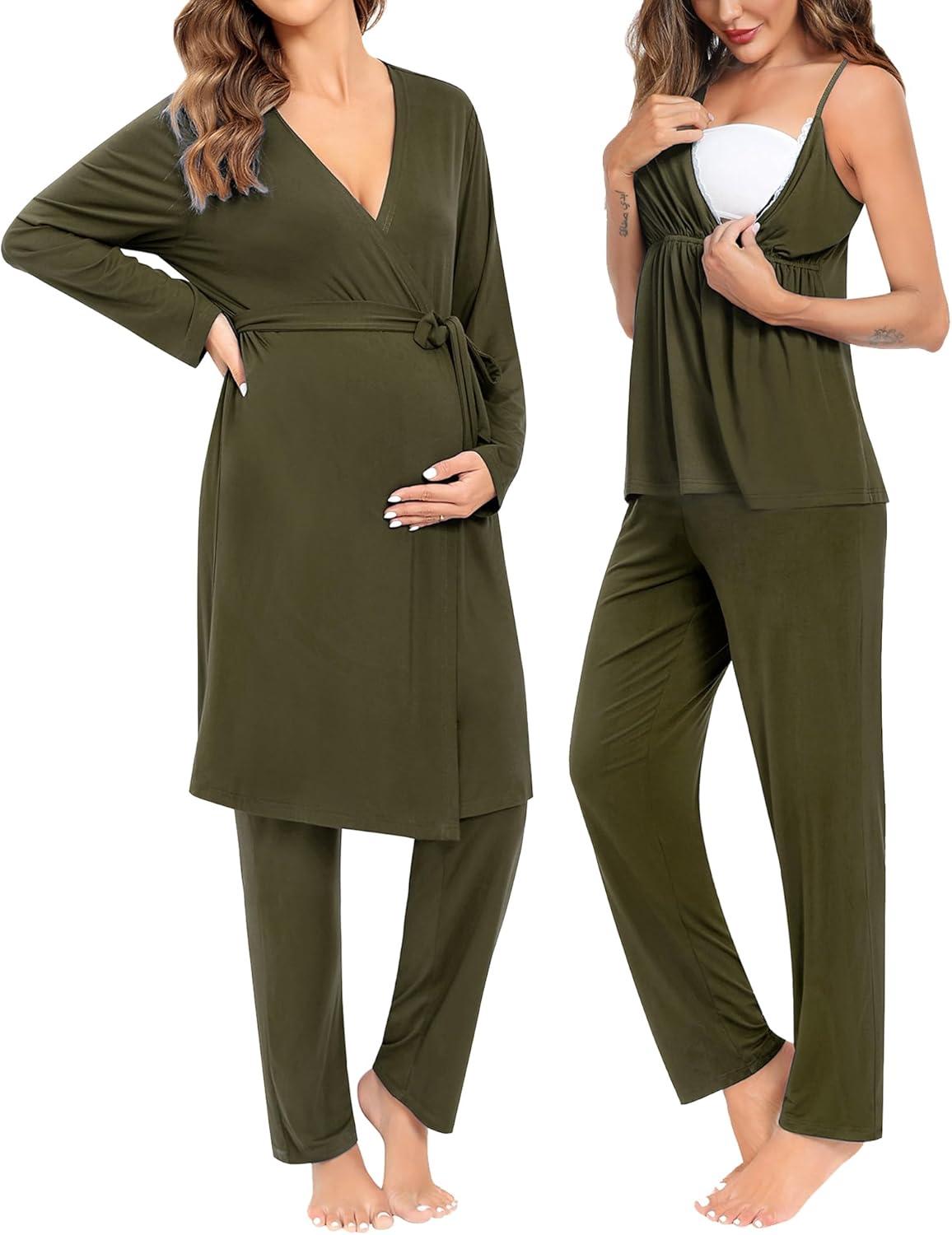 imageSWOMOG Maternity Nursing Robe Set 3 Piece Breastfeeding Pajamas 3 in 1 Labor Delivery Sleevless TopsampLong Pants Pregnancy PjsArmy Green