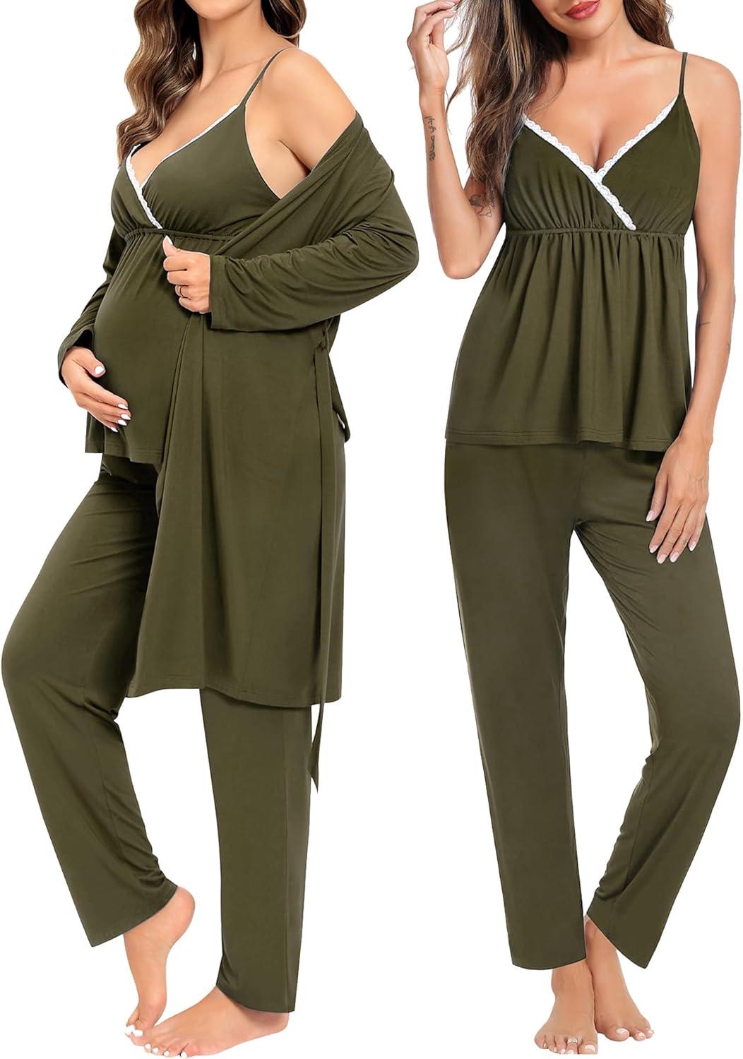 imageSWOMOG Maternity Nursing Robe Set 3 Piece Breastfeeding Pajamas 3 in 1 Labor Delivery Sleevless TopsampLong Pants Pregnancy PjsArmy Green