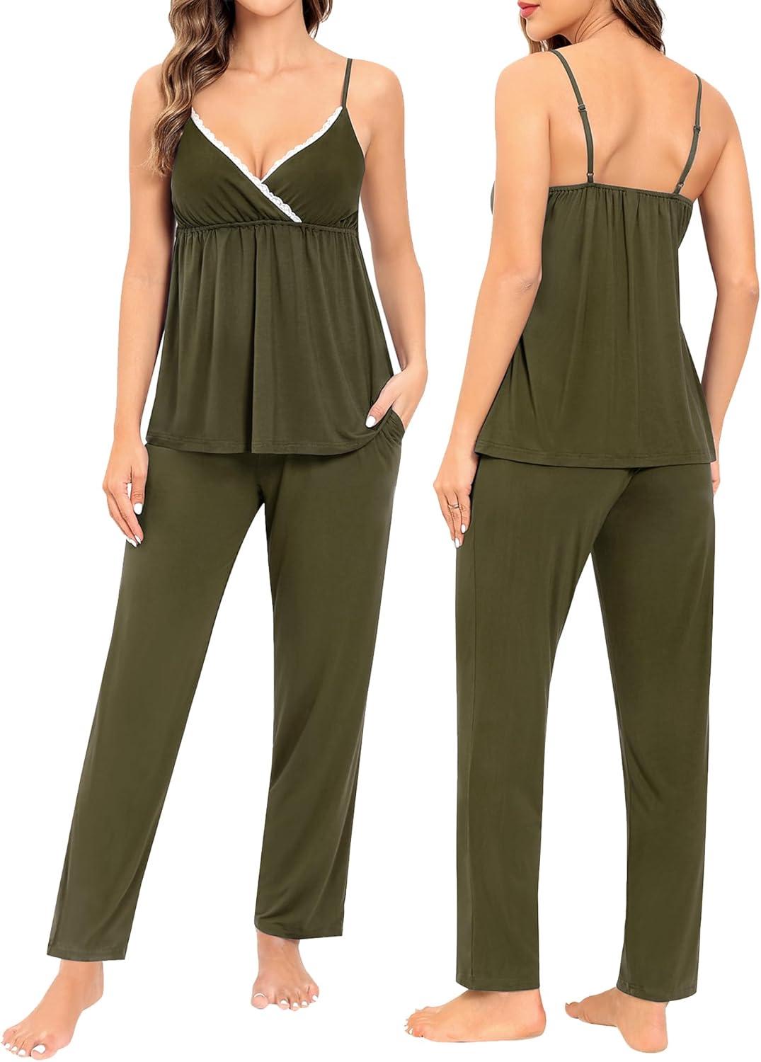 imageSWOMOG Maternity Nursing Robe Set 3 Piece Breastfeeding Pajamas 3 in 1 Labor Delivery Sleevless TopsampLong Pants Pregnancy PjsArmy Green