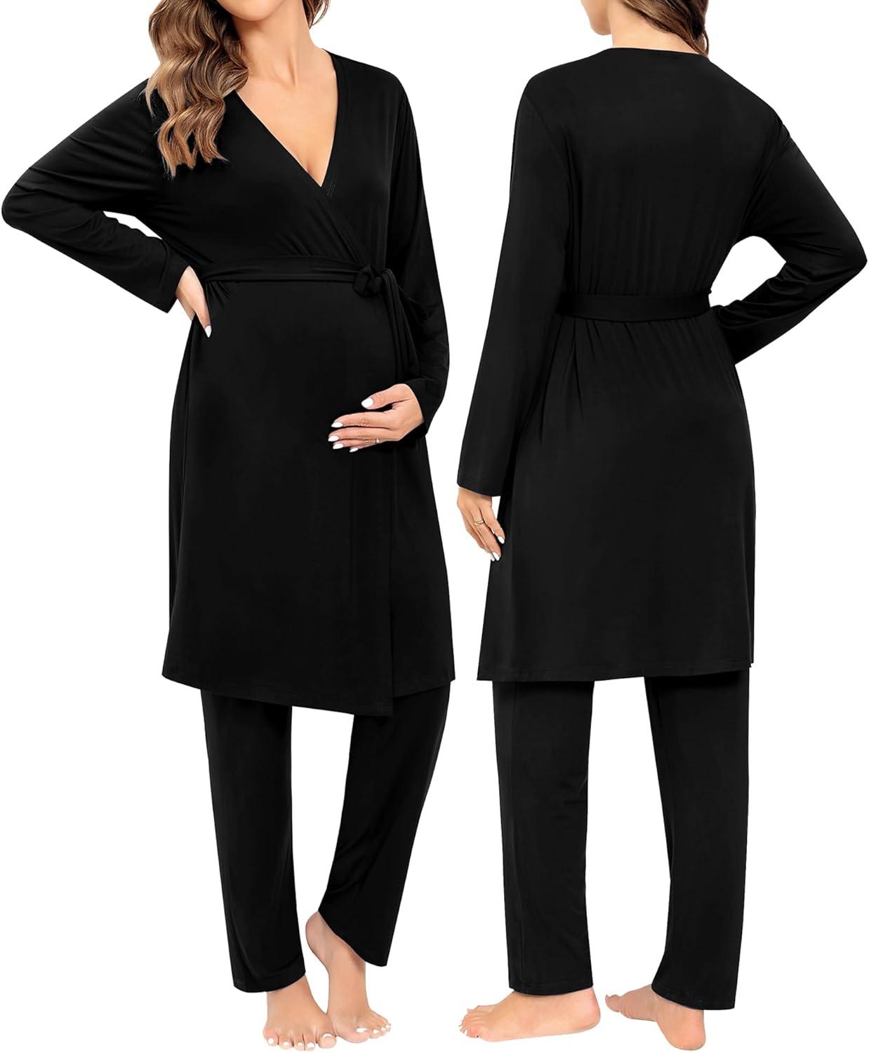 imageSWOMOG Maternity Nursing Robe Set 3 Piece Breastfeeding Pajamas 3 in 1 Labor Delivery Sleevless TopsampLong Pants Pregnancy PjsBlack