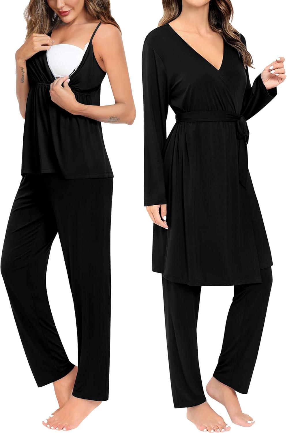 imageSWOMOG Maternity Nursing Robe Set 3 Piece Breastfeeding Pajamas 3 in 1 Labor Delivery Sleevless TopsampLong Pants Pregnancy PjsBlack