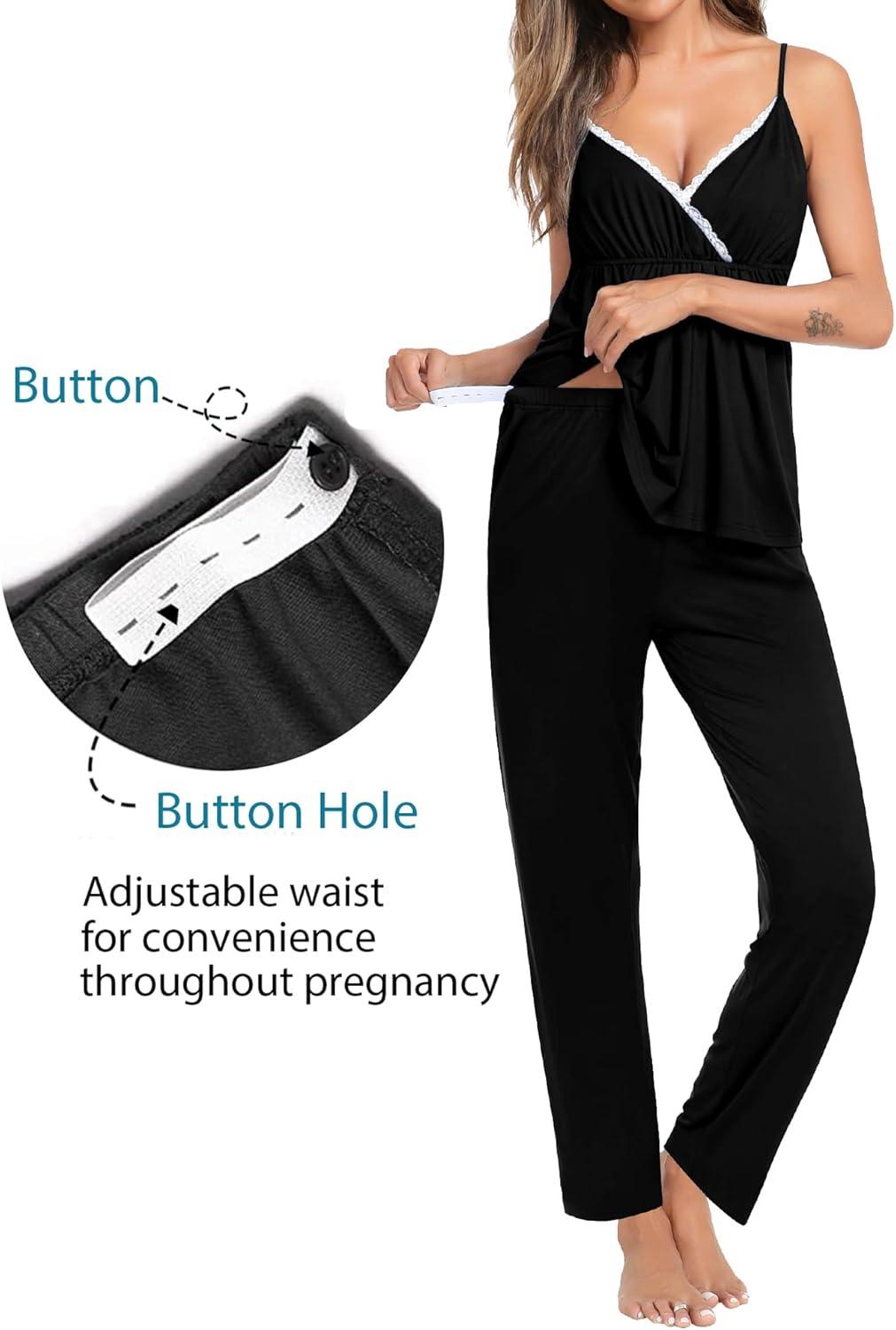 imageSWOMOG Maternity Nursing Robe Set 3 Piece Breastfeeding Pajamas 3 in 1 Labor Delivery Sleevless TopsampLong Pants Pregnancy PjsBlack