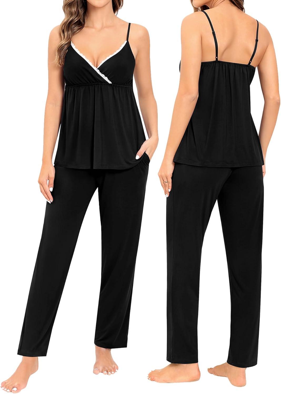 imageSWOMOG Maternity Nursing Robe Set 3 Piece Breastfeeding Pajamas 3 in 1 Labor Delivery Sleevless TopsampLong Pants Pregnancy PjsBlack