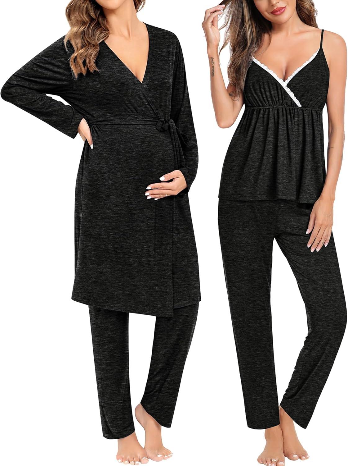 imageSWOMOG Maternity Nursing Robe Set 3 Piece Breastfeeding Pajamas 3 in 1 Labor Delivery Sleevless TopsampLong Pants Pregnancy PjsBlack Grey