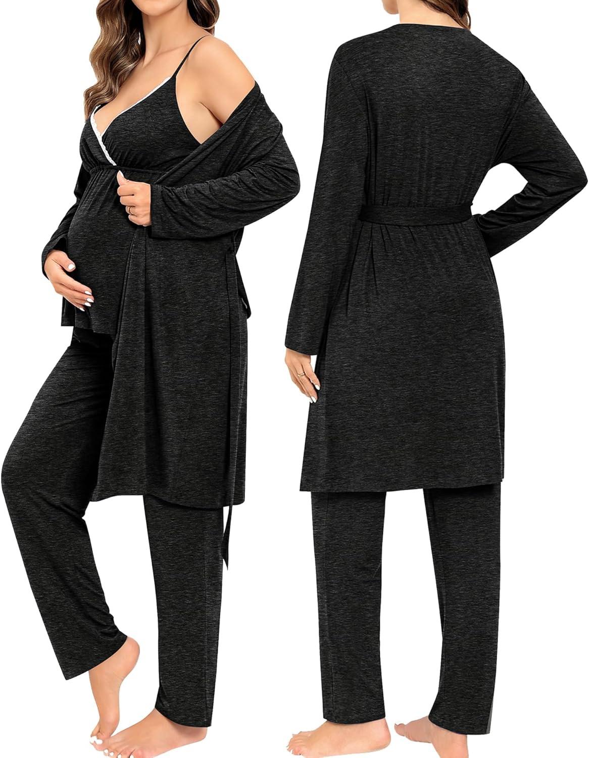 imageSWOMOG Maternity Nursing Robe Set 3 Piece Breastfeeding Pajamas 3 in 1 Labor Delivery Sleevless TopsampLong Pants Pregnancy PjsBlack Grey