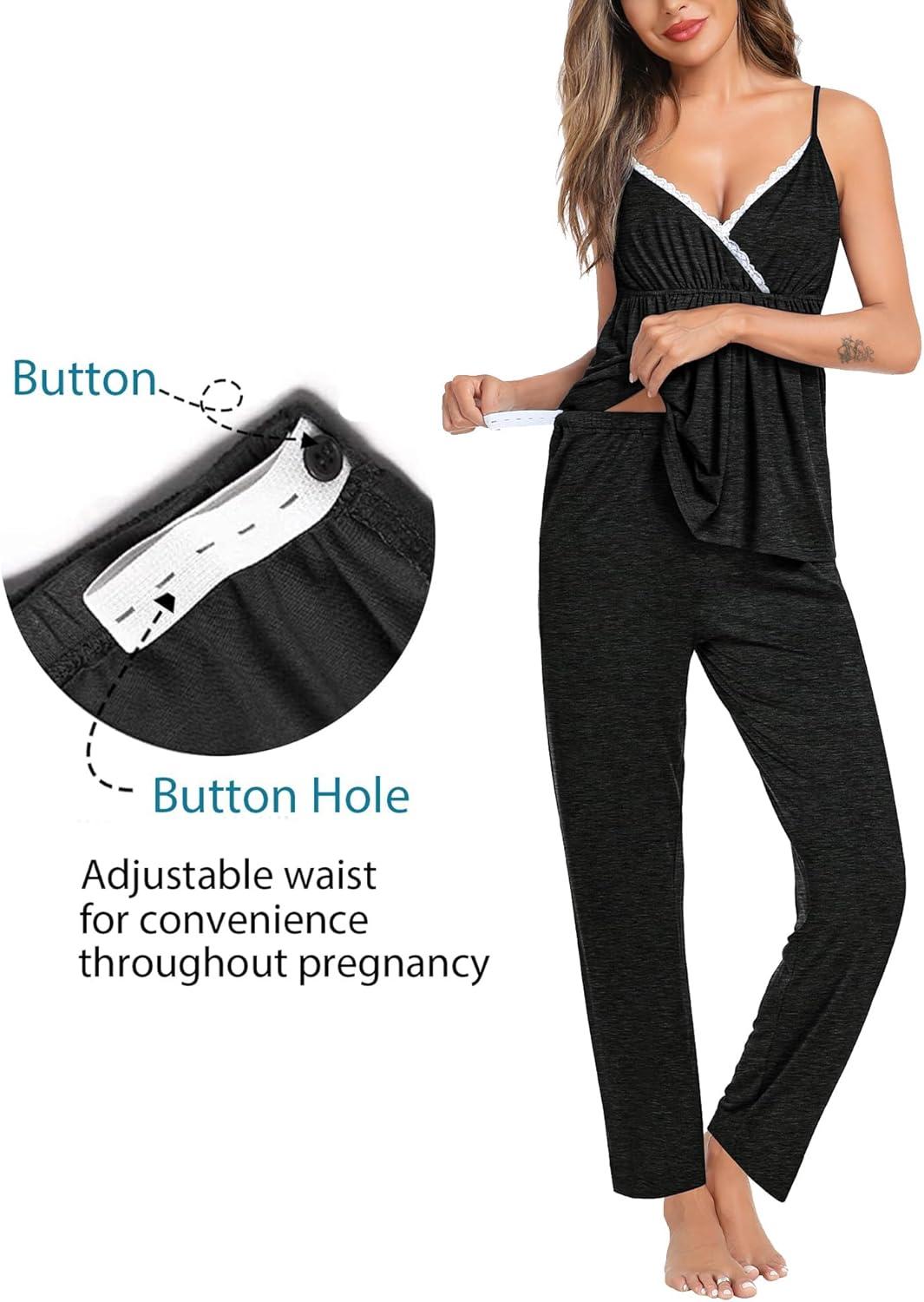 imageSWOMOG Maternity Nursing Robe Set 3 Piece Breastfeeding Pajamas 3 in 1 Labor Delivery Sleevless TopsampLong Pants Pregnancy PjsBlack Grey