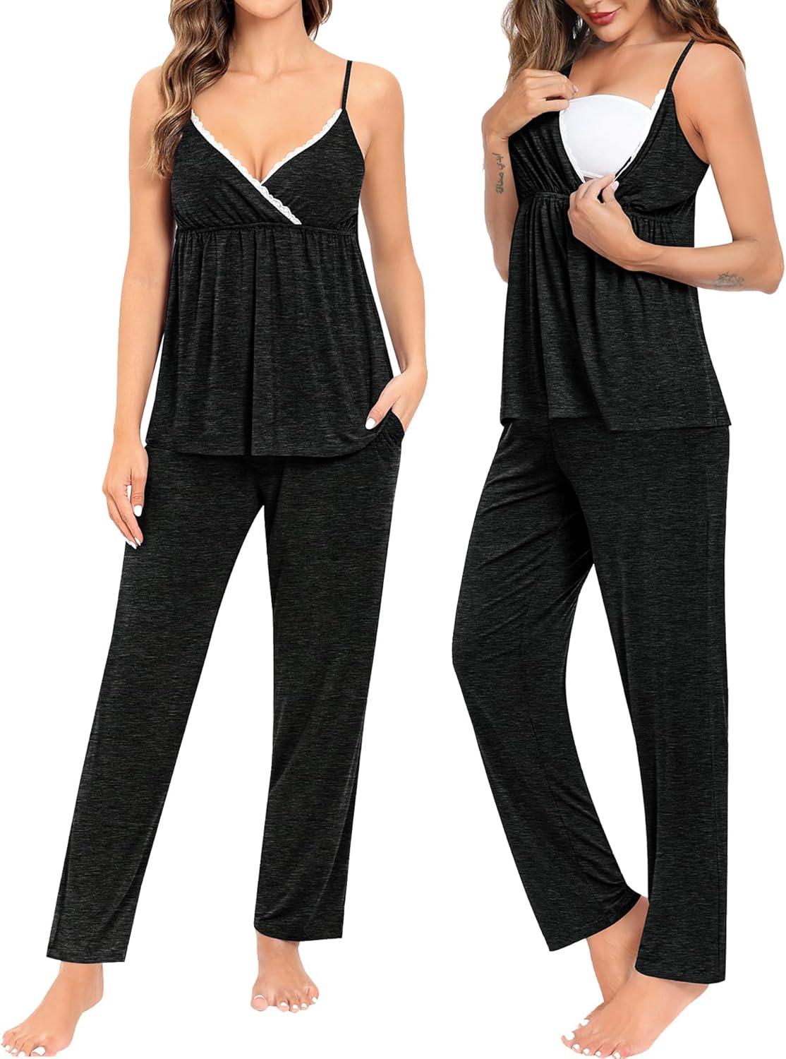 imageSWOMOG Maternity Nursing Robe Set 3 Piece Breastfeeding Pajamas 3 in 1 Labor Delivery Sleevless TopsampLong Pants Pregnancy PjsBlack Grey