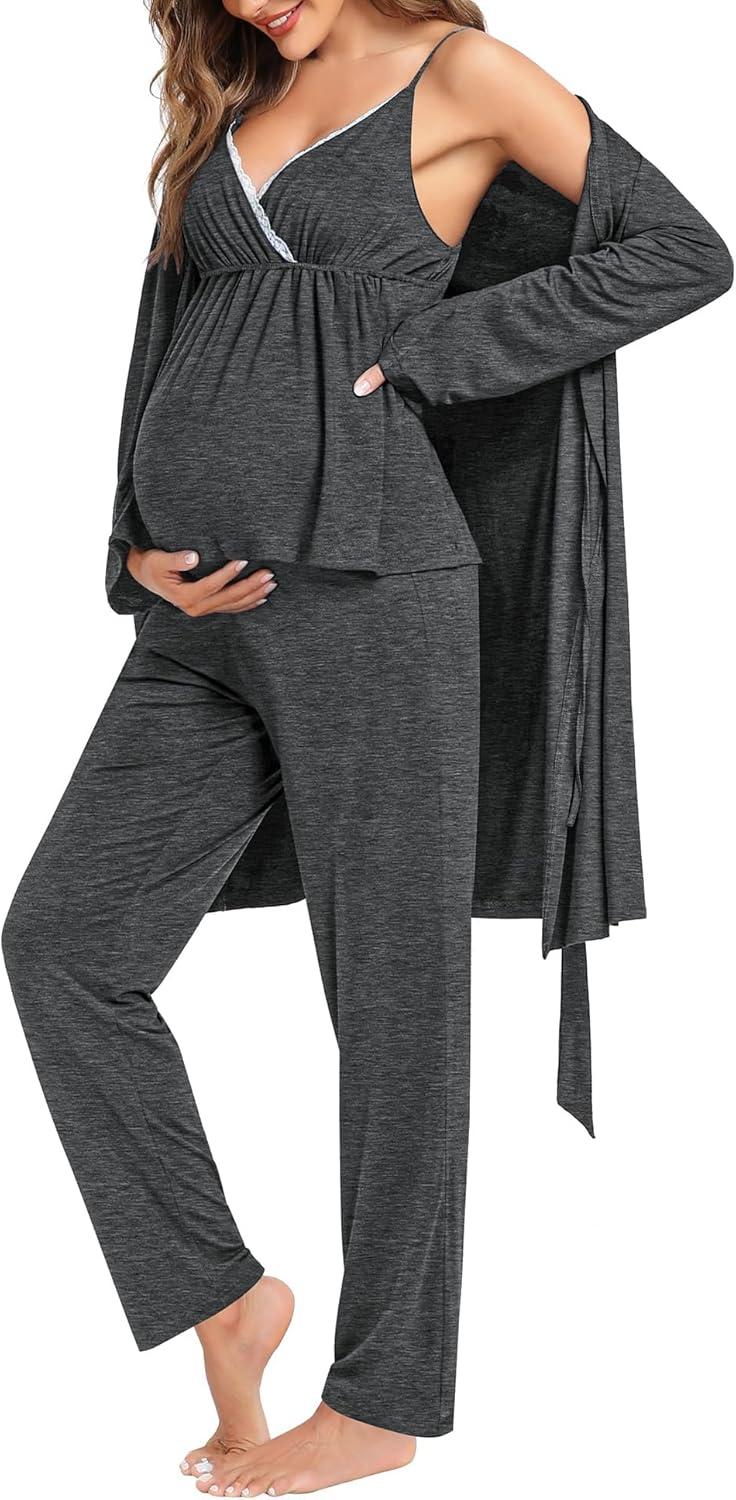 imageSWOMOG Maternity Nursing Robe Set 3 Piece Breastfeeding Pajamas 3 in 1 Labor Delivery Sleevless TopsampLong Pants Pregnancy PjsDeep Grey