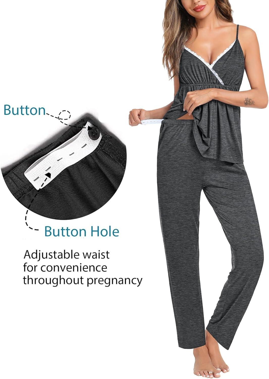 imageSWOMOG Maternity Nursing Robe Set 3 Piece Breastfeeding Pajamas 3 in 1 Labor Delivery Sleevless TopsampLong Pants Pregnancy PjsDeep Grey