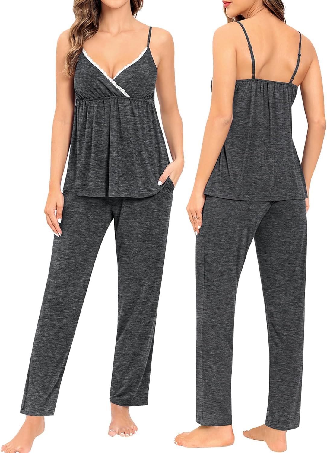 imageSWOMOG Maternity Nursing Robe Set 3 Piece Breastfeeding Pajamas 3 in 1 Labor Delivery Sleevless TopsampLong Pants Pregnancy PjsDeep Grey