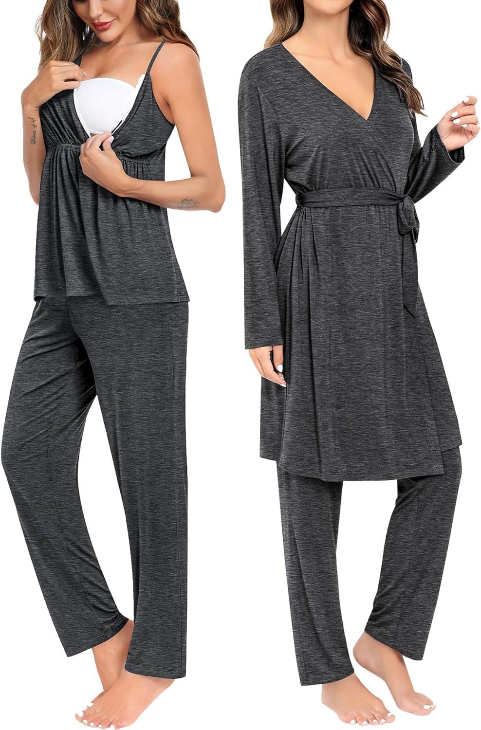 imageSWOMOG Maternity Nursing Robe Set 3 Piece Breastfeeding Pajamas 3 in 1 Labor Delivery Sleevless TopsampLong Pants Pregnancy PjsDeep Grey