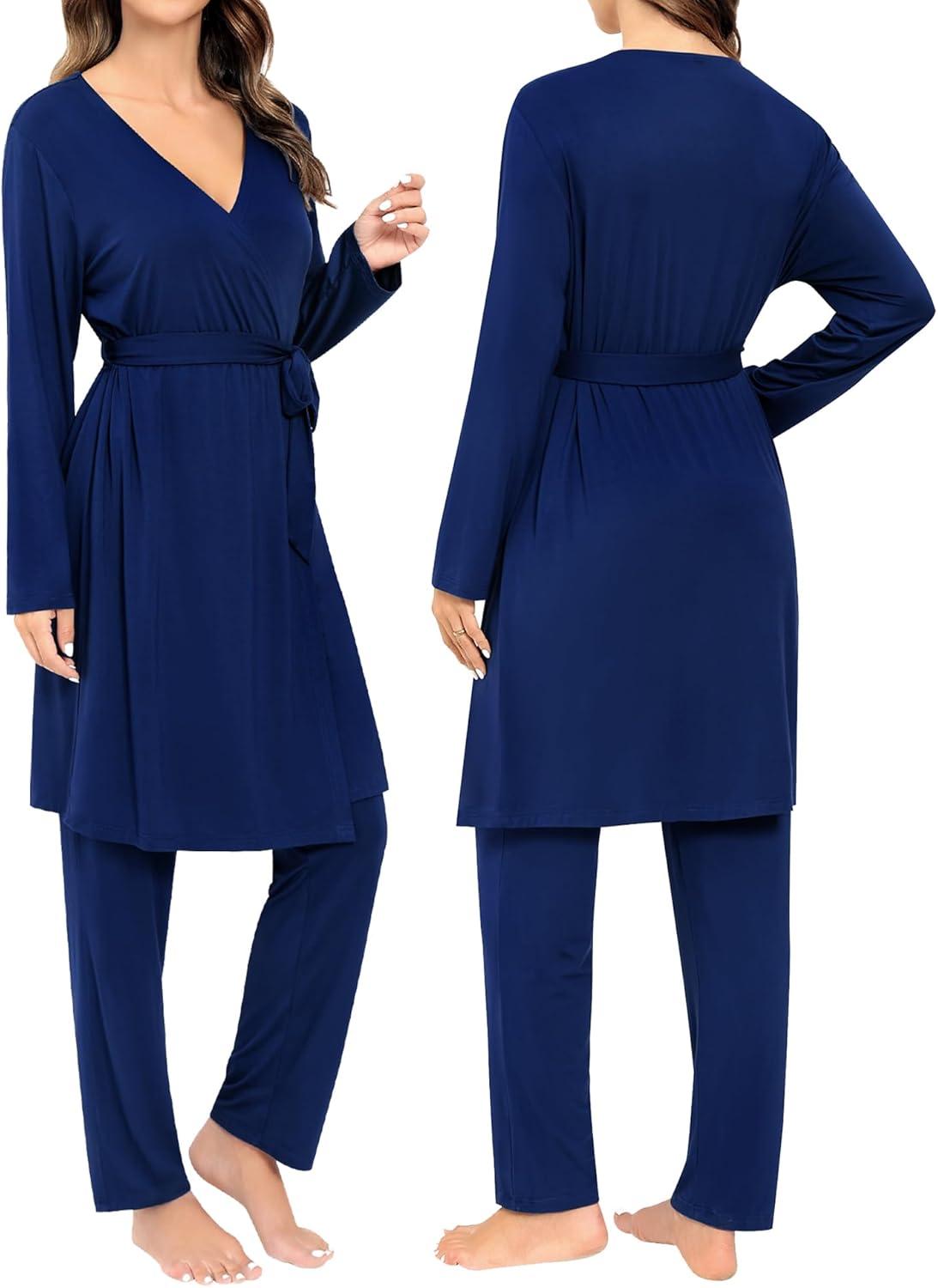 imageSWOMOG Maternity Nursing Robe Set 3 Piece Breastfeeding Pajamas 3 in 1 Labor Delivery Sleevless TopsampLong Pants Pregnancy PjsNavy Blue