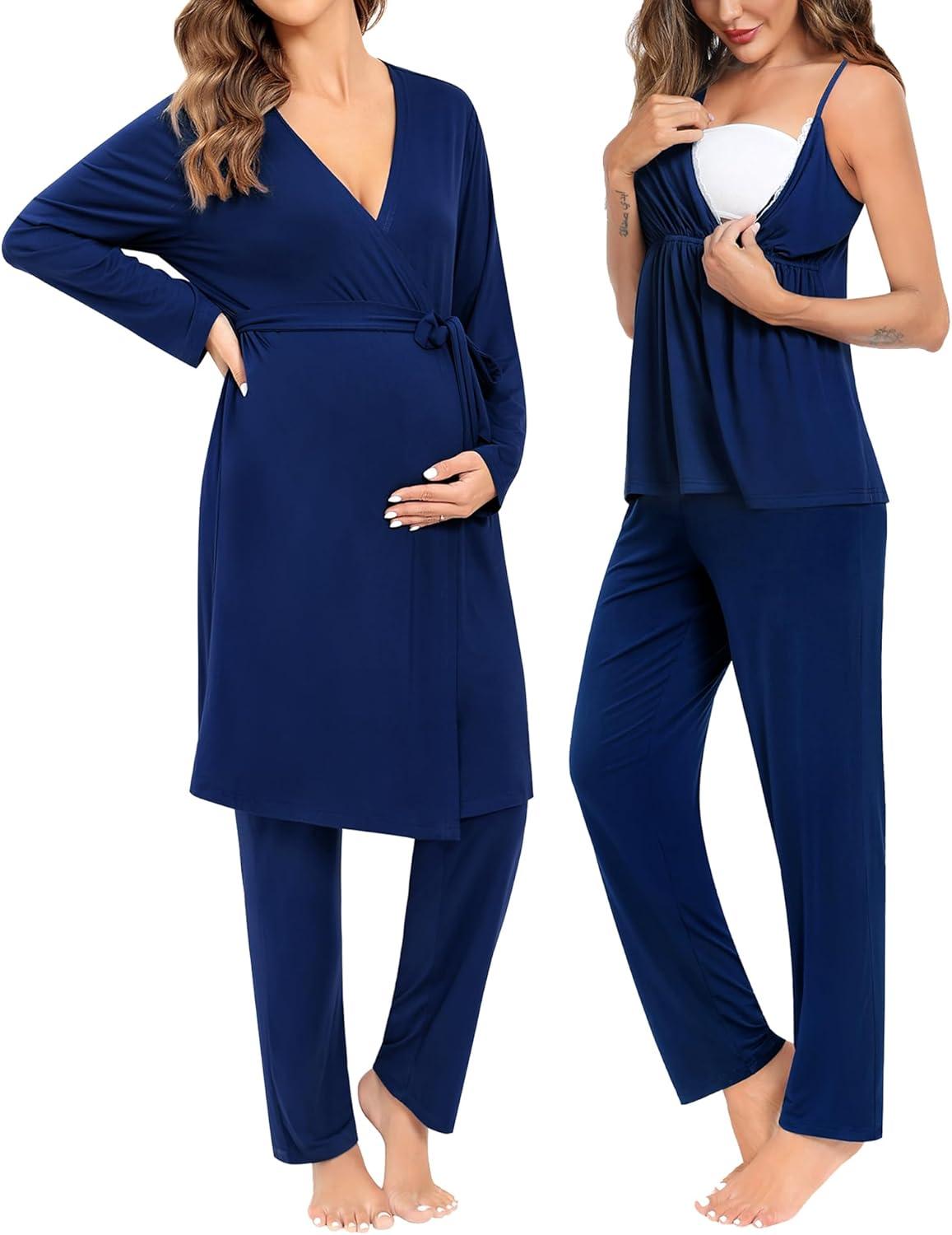 imageSWOMOG Maternity Nursing Robe Set 3 Piece Breastfeeding Pajamas 3 in 1 Labor Delivery Sleevless TopsampLong Pants Pregnancy PjsNavy Blue