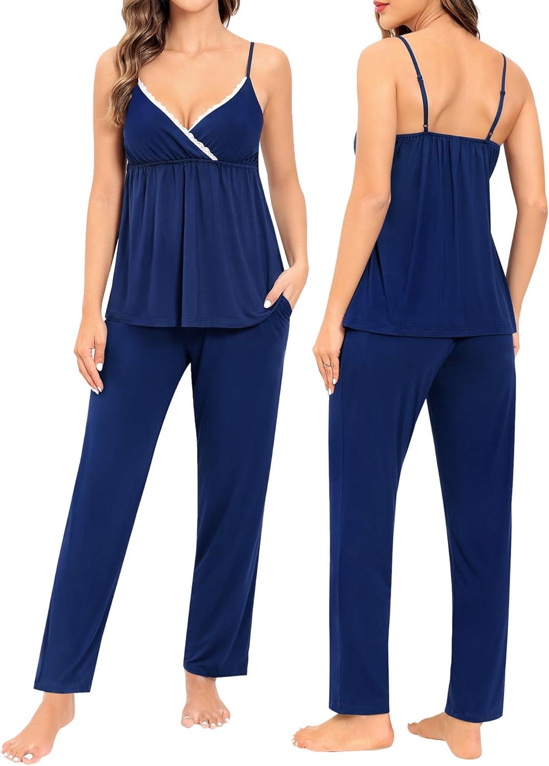 imageSWOMOG Maternity Nursing Robe Set 3 Piece Breastfeeding Pajamas 3 in 1 Labor Delivery Sleevless TopsampLong Pants Pregnancy PjsNavy Blue