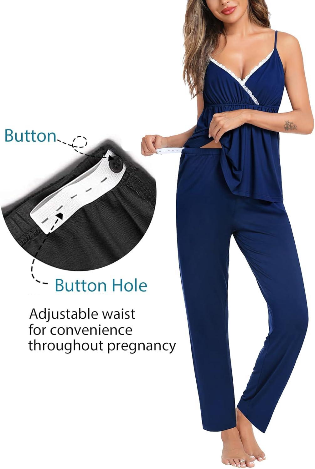 imageSWOMOG Maternity Nursing Robe Set 3 Piece Breastfeeding Pajamas 3 in 1 Labor Delivery Sleevless TopsampLong Pants Pregnancy PjsNavy Blue