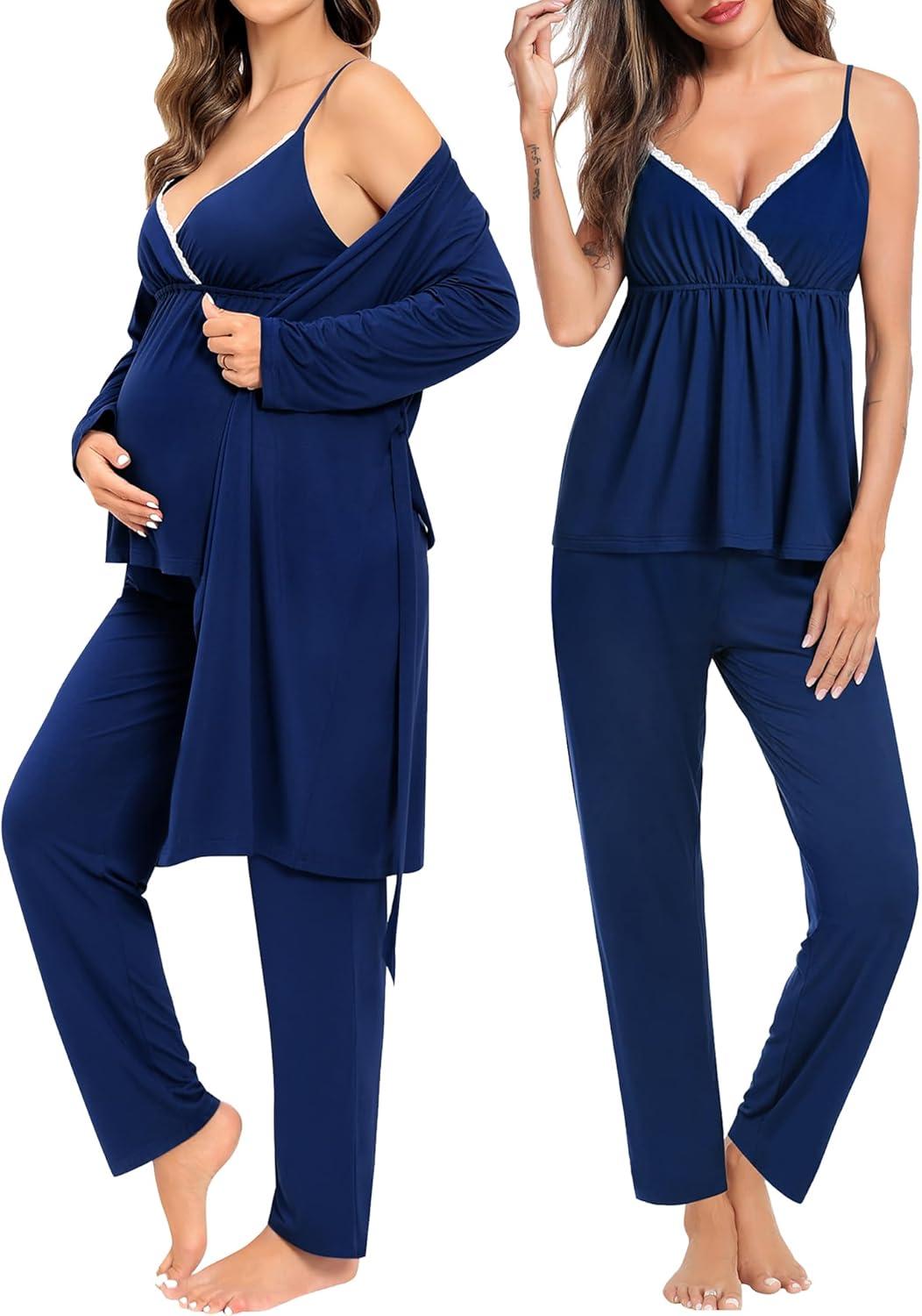 imageSWOMOG Maternity Nursing Robe Set 3 Piece Breastfeeding Pajamas 3 in 1 Labor Delivery Sleevless TopsampLong Pants Pregnancy PjsNavy Blue
