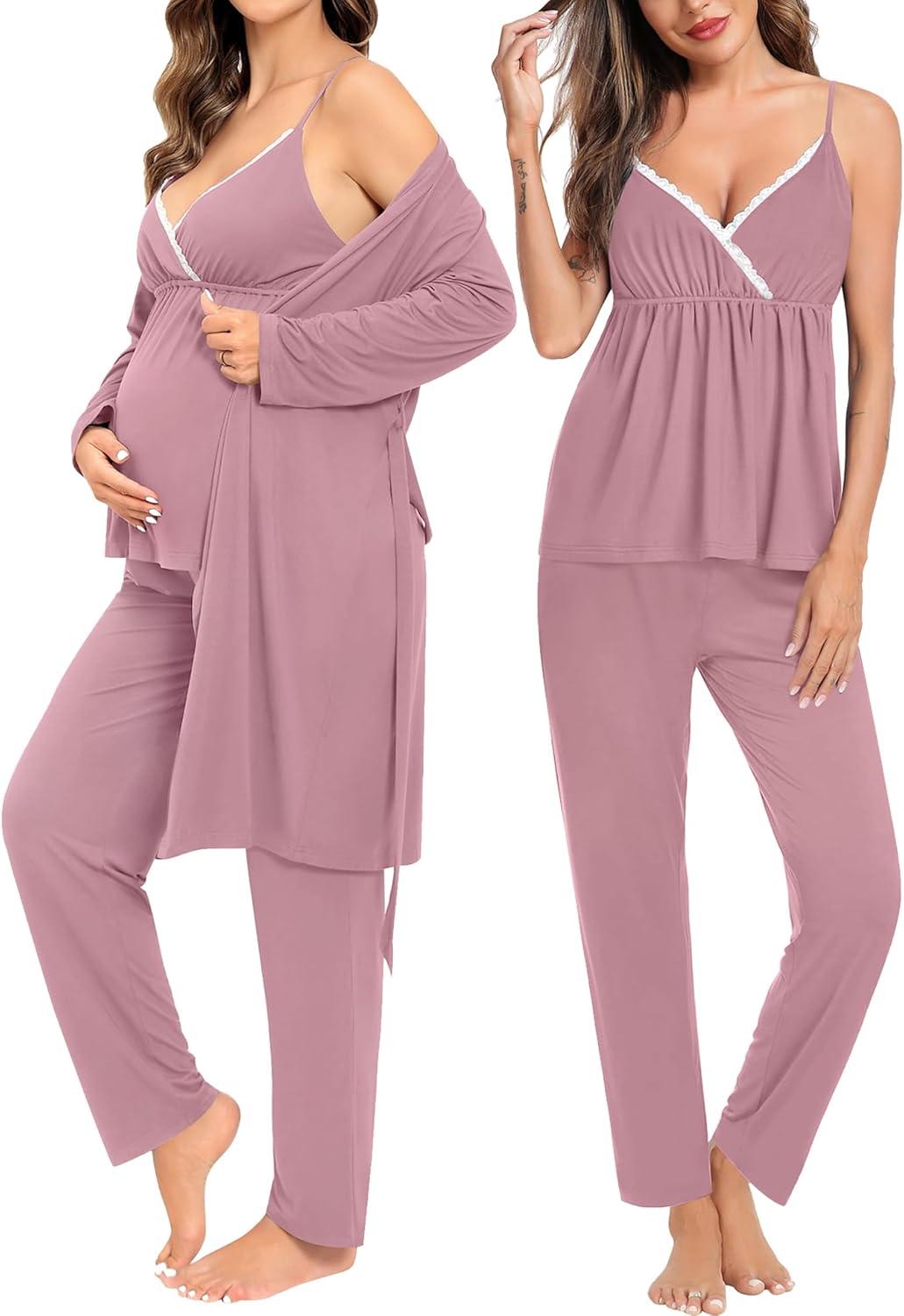 imageSWOMOG Maternity Nursing Robe Set 3 Piece Breastfeeding Pajamas 3 in 1 Labor Delivery Sleevless TopsampLong Pants Pregnancy PjsTaro Purple