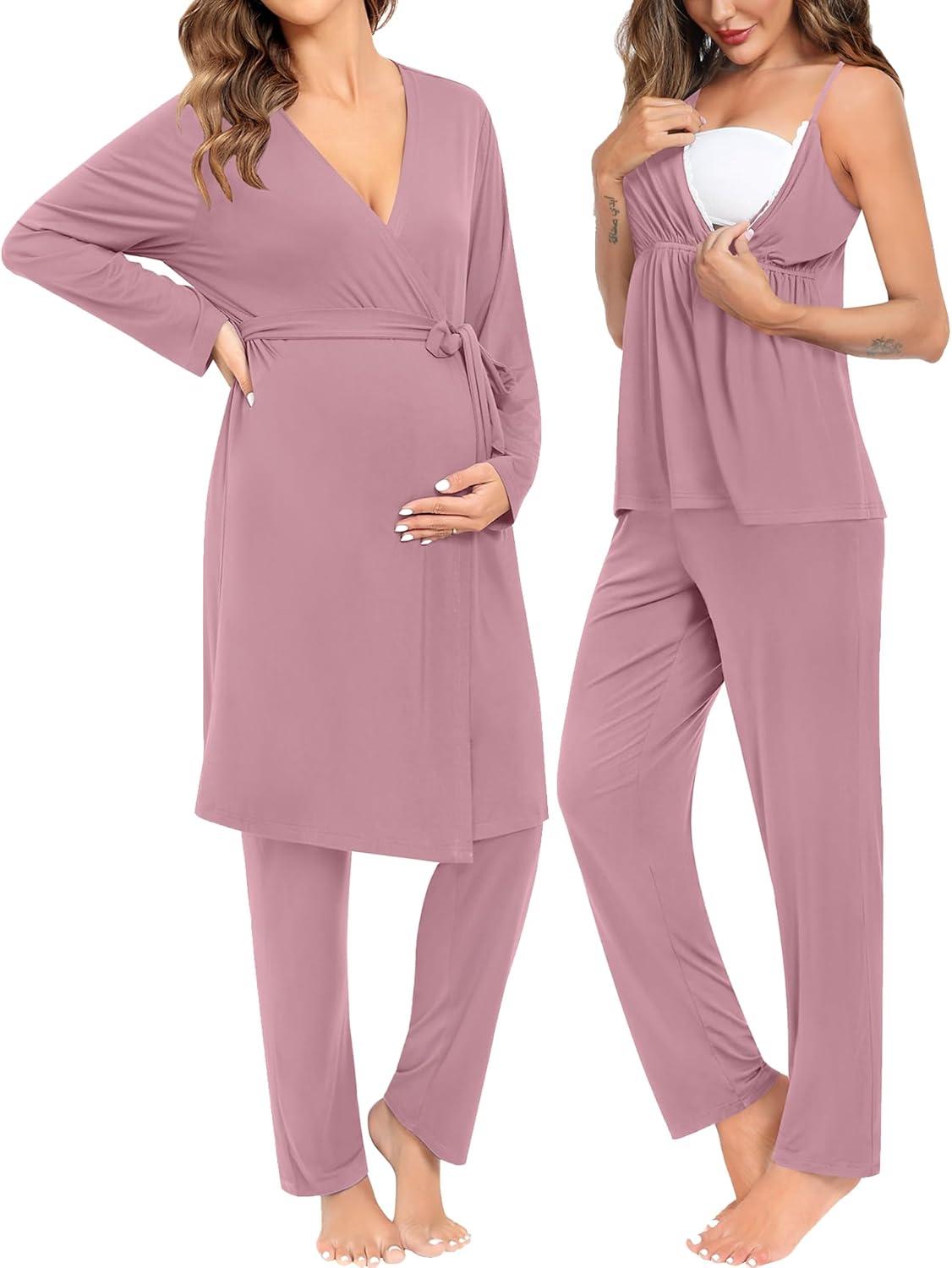 imageSWOMOG Maternity Nursing Robe Set 3 Piece Breastfeeding Pajamas 3 in 1 Labor Delivery Sleevless TopsampLong Pants Pregnancy PjsTaro Purple