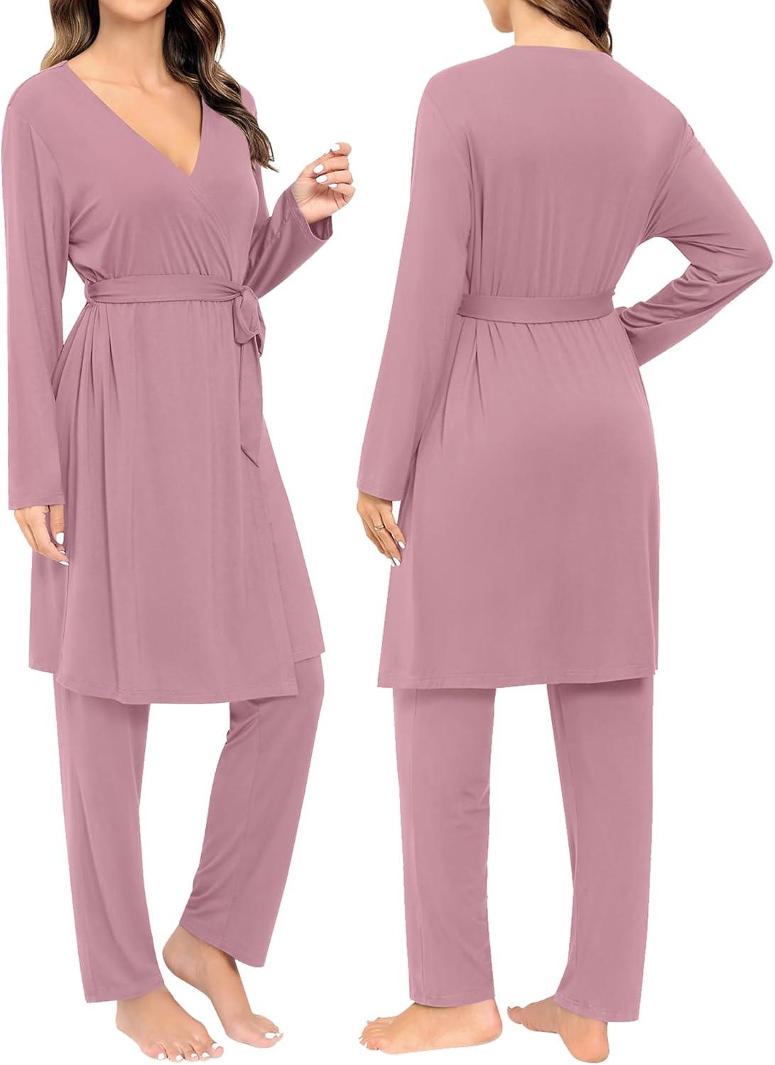 imageSWOMOG Maternity Nursing Robe Set 3 Piece Breastfeeding Pajamas 3 in 1 Labor Delivery Sleevless TopsampLong Pants Pregnancy PjsTaro Purple