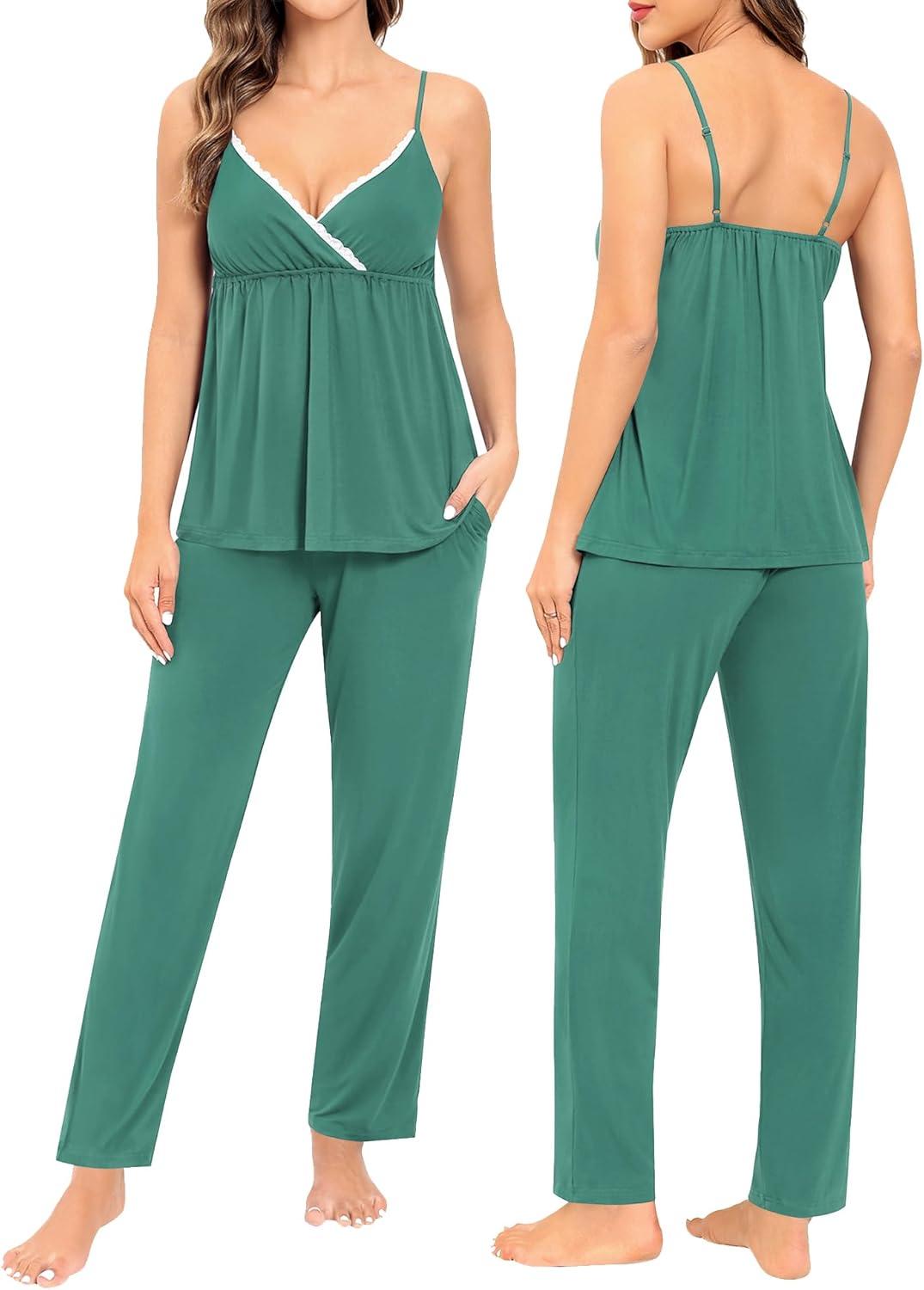 imageSWOMOG Maternity Nursing Robe Set 3 Piece Breastfeeding Pajamas 3 in 1 Labor Delivery Sleevless TopsampLong Pants Pregnancy PjsTeal Green