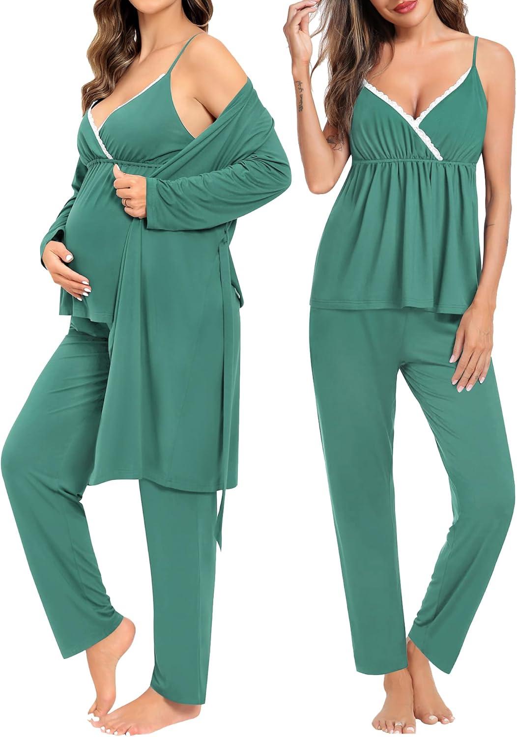 imageSWOMOG Maternity Nursing Robe Set 3 Piece Breastfeeding Pajamas 3 in 1 Labor Delivery Sleevless TopsampLong Pants Pregnancy PjsTeal Green