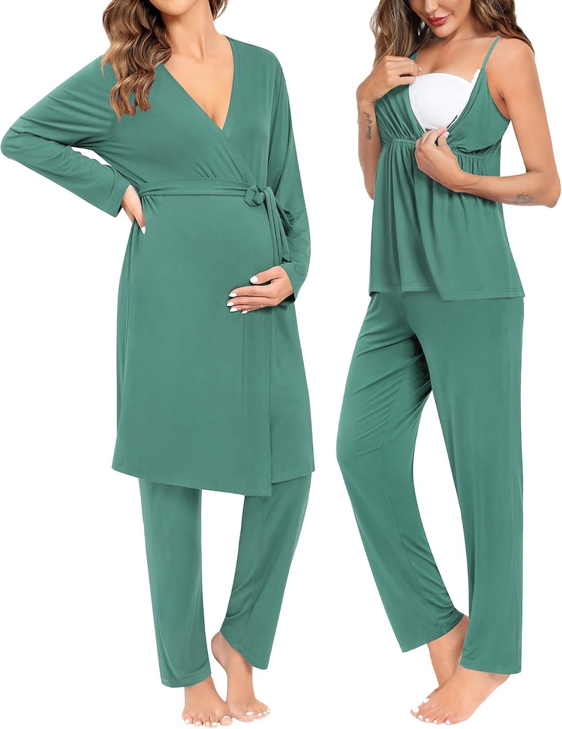 imageSWOMOG Maternity Nursing Robe Set 3 Piece Breastfeeding Pajamas 3 in 1 Labor Delivery Sleevless TopsampLong Pants Pregnancy PjsTeal Green