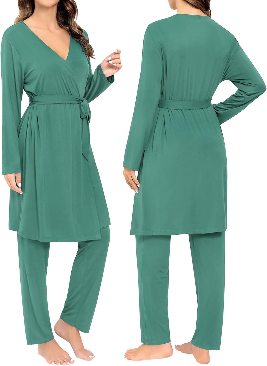 imageSWOMOG Maternity Nursing Robe Set 3 Piece Breastfeeding Pajamas 3 in 1 Labor Delivery Sleevless TopsampLong Pants Pregnancy PjsTeal Green