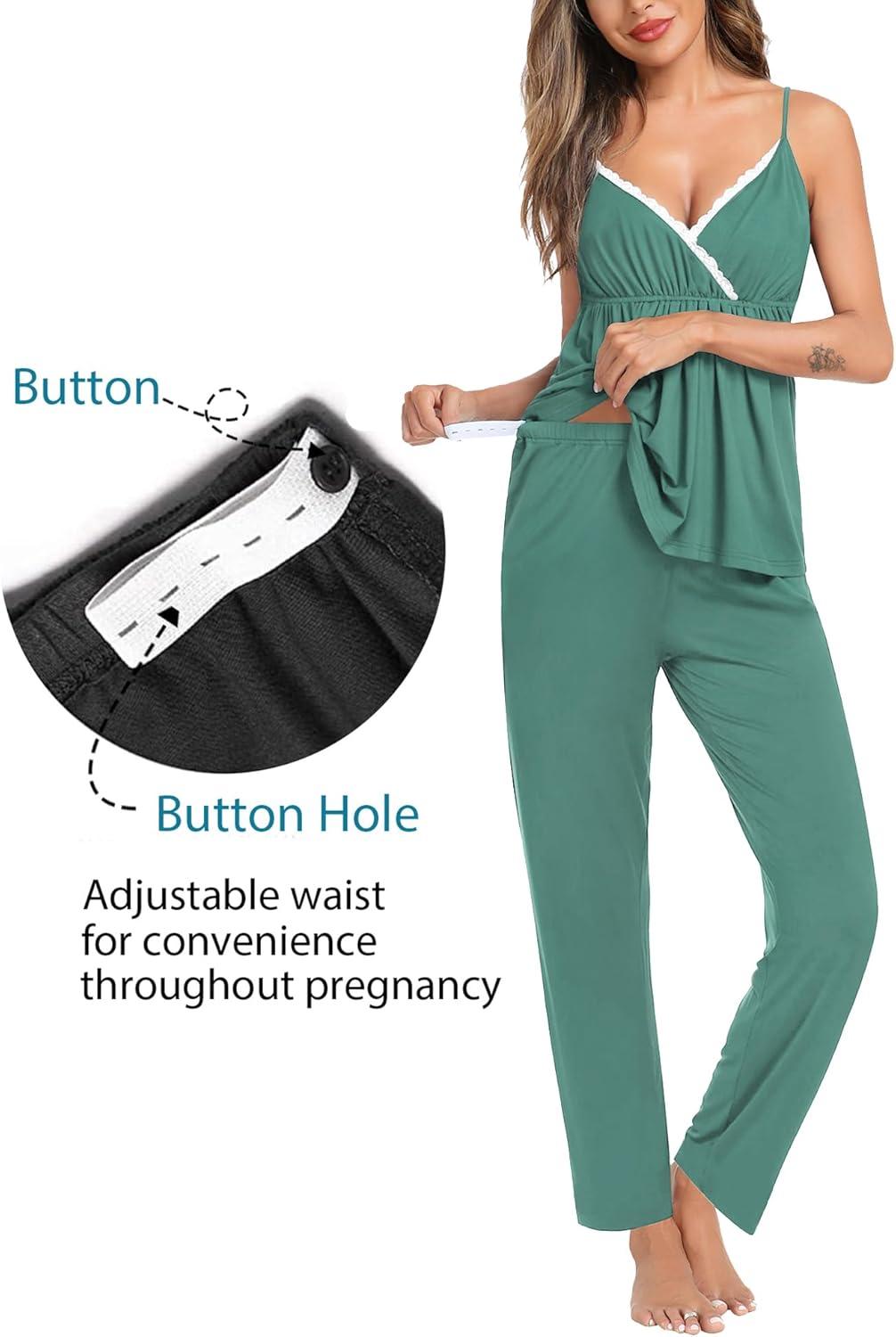 imageSWOMOG Maternity Nursing Robe Set 3 Piece Breastfeeding Pajamas 3 in 1 Labor Delivery Sleevless TopsampLong Pants Pregnancy PjsTeal Green