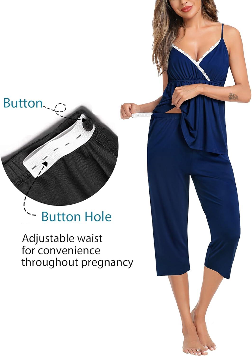 imageSWOMOG Maternity Nursing Robe Set 3 Piece Breastfeeding Pajamas 3 in 1 Labor Delivery Sleevless TopsampLong Pants Pregnancy PjsZ Capriberry Blue